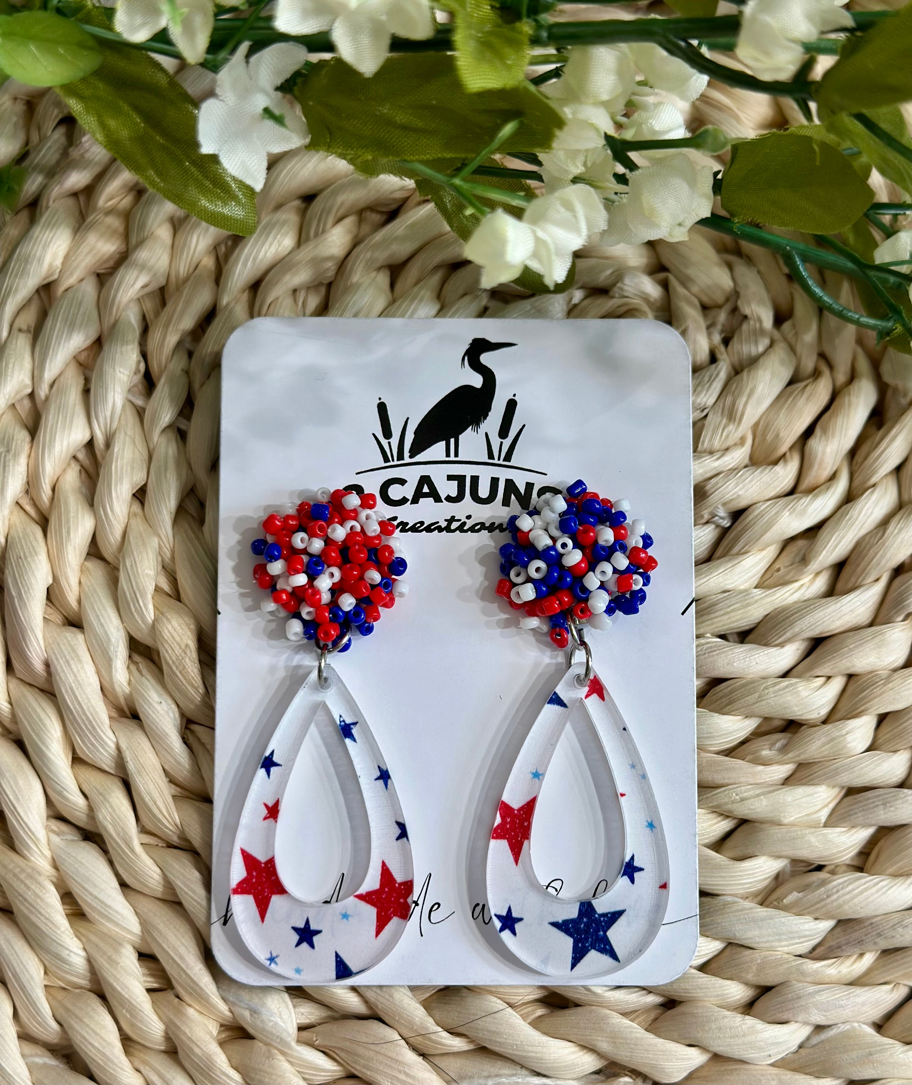 July 4th Independence Day Patriotic Red White and Blue Teardrop Earrings with Beaded Topper Stud