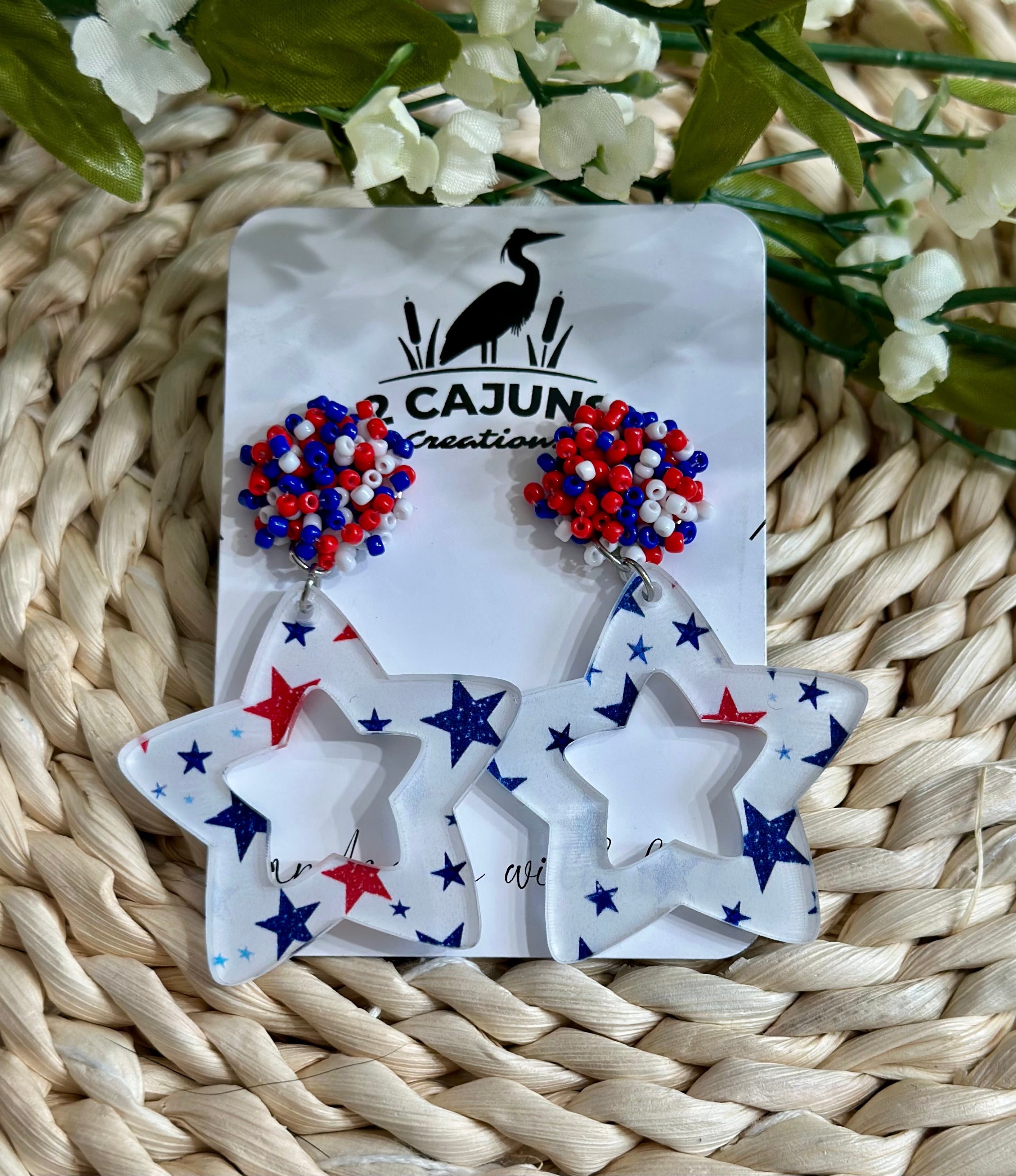 July 4th Independence Day Patriotic Red White and Blue Star Earrings with Beaded Topper Stud