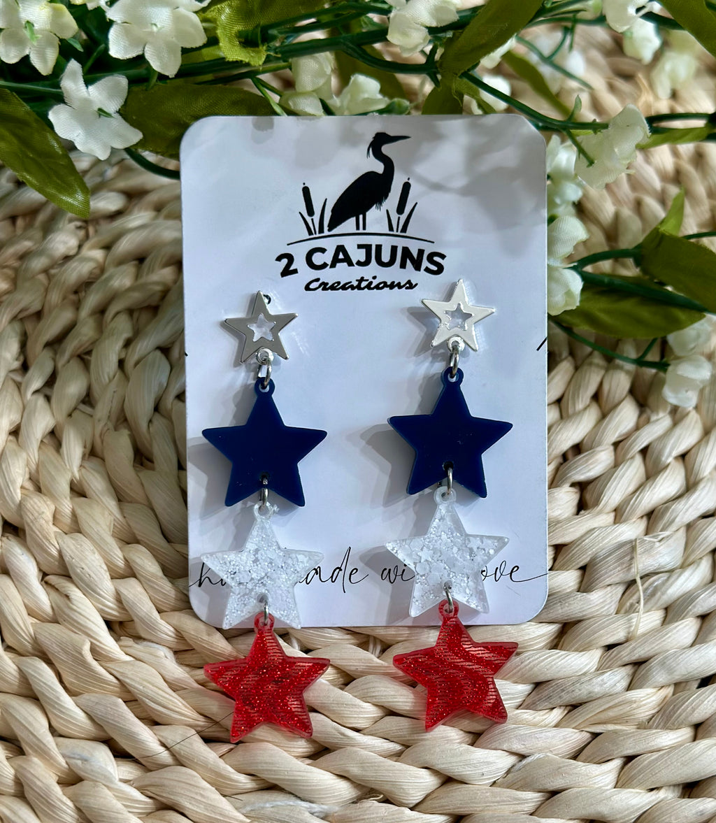 July 4th Independence Day Patriotic Red White and Blue Three Star Earrings