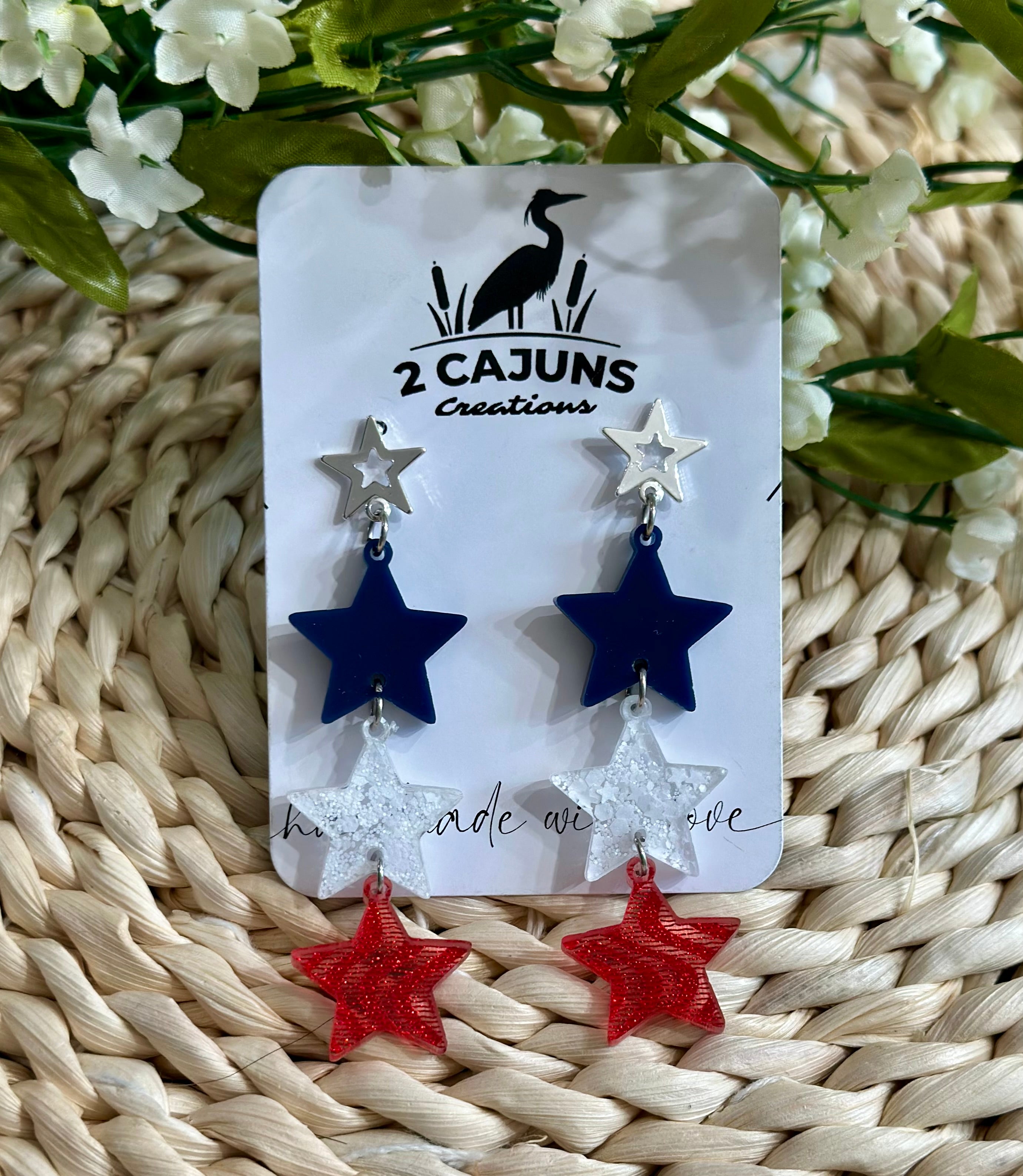 July 4th Independence Day Patriotic Red White and Blue Three Star Earrings
