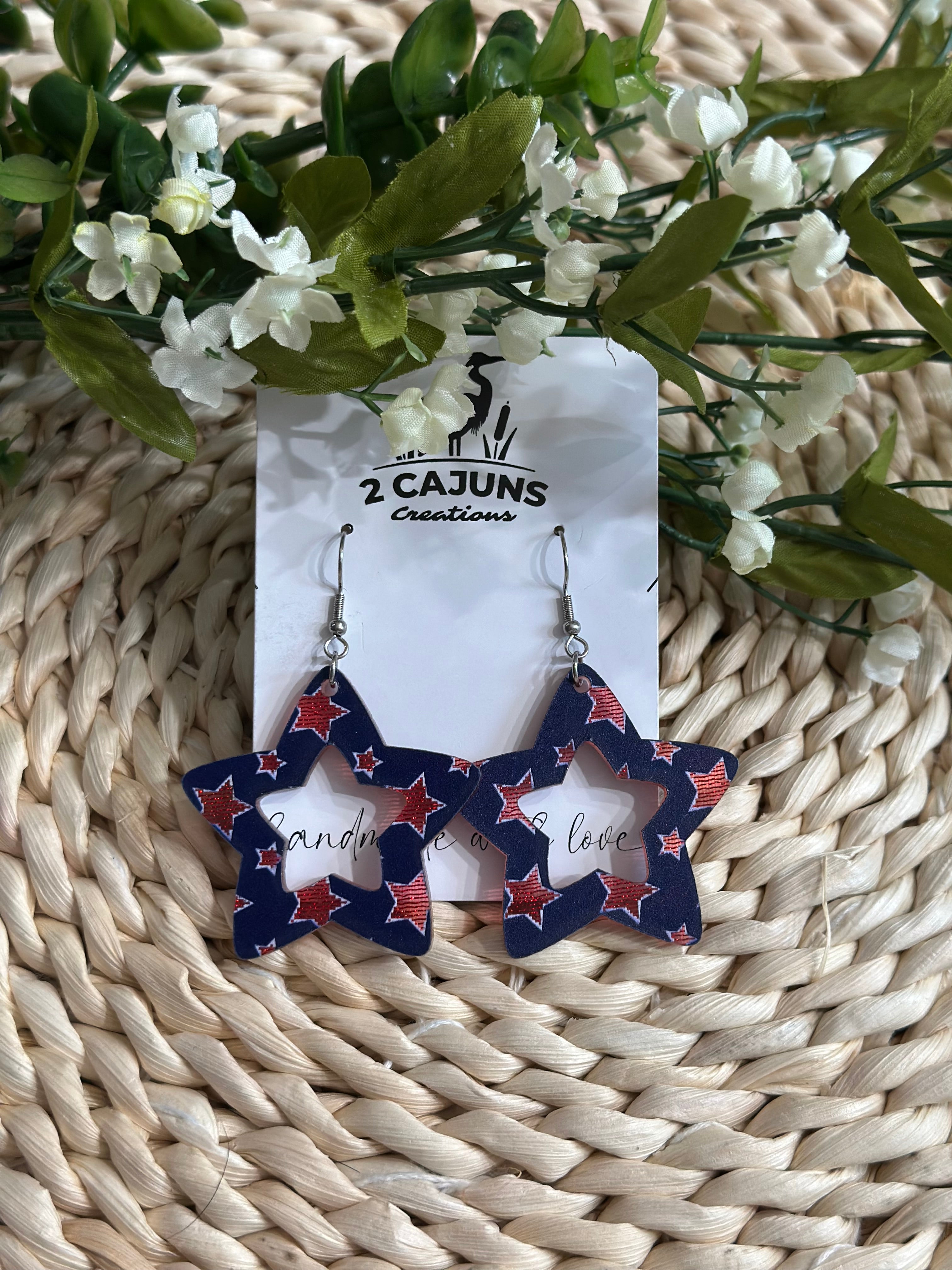 July 4th Independence Day Patriotic Red White and Blue Star Earrings with Stainless Steel Loop