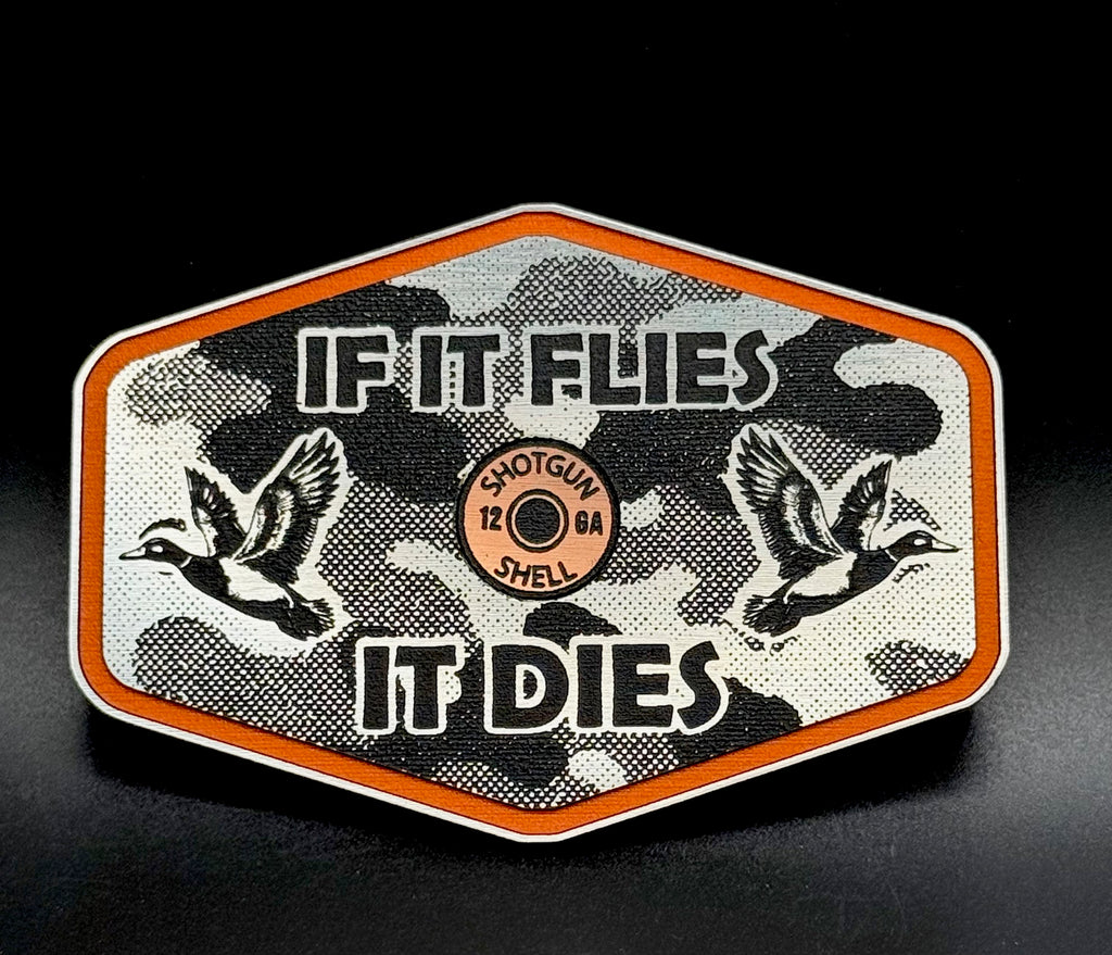 If It Flies Acrylic Hat Patch Linen Camo Design with Copper Acrylic Insert - 2 Pieces - 4 Colors Available