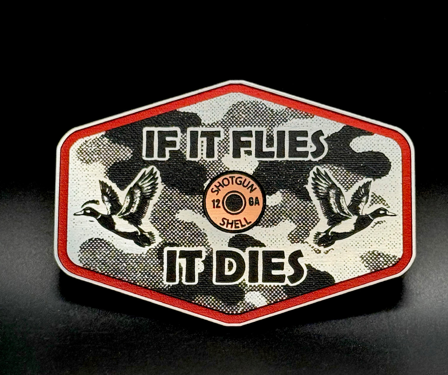 If It Flies Acrylic Hat Patch Linen Camo Design with Copper Acrylic Insert - 2 Pieces - 4 Colors Available