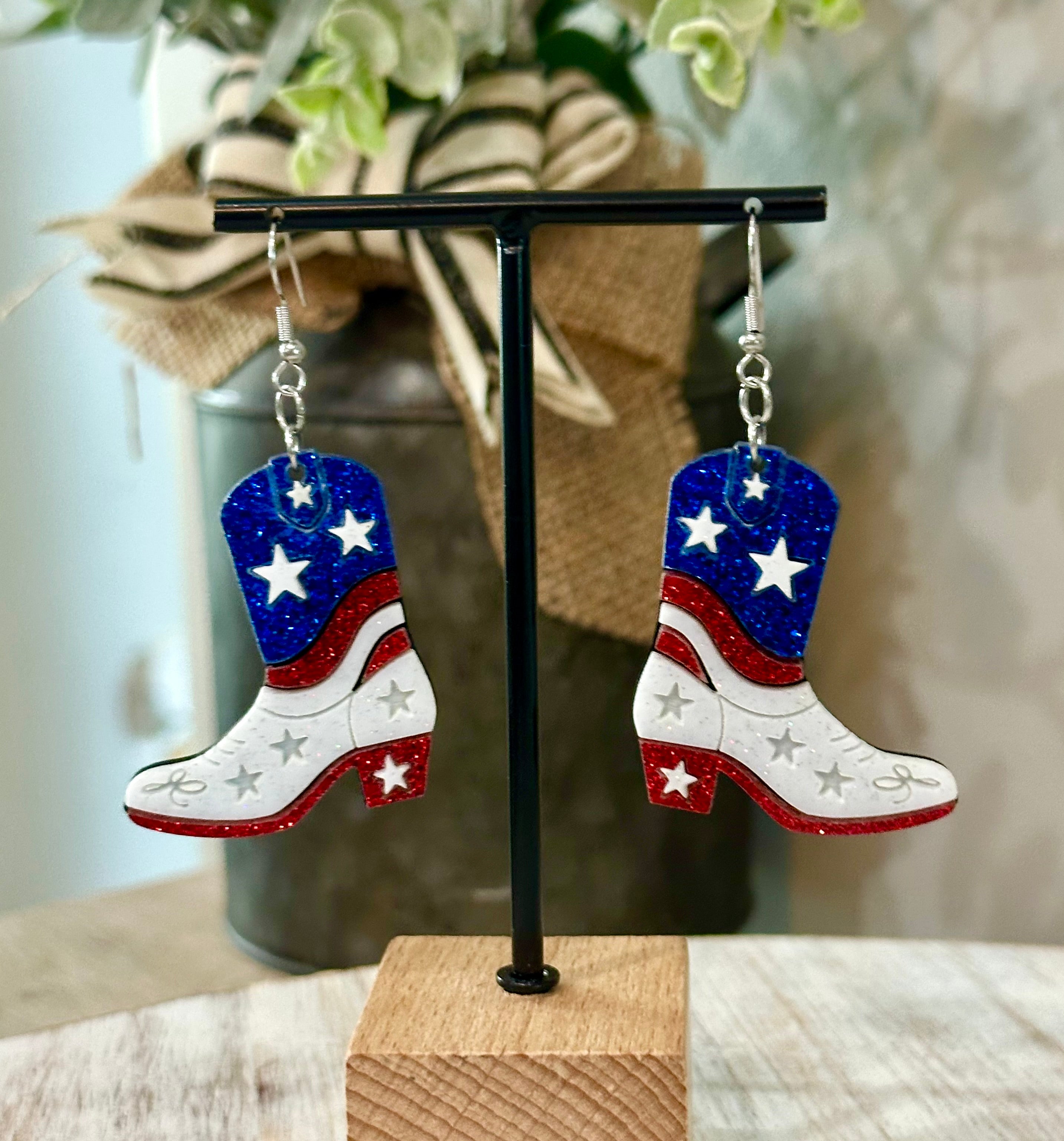 July 4th Independence Day Patriotic Red White and Blue Cowboy Boot Earrings with Stainless Steel Hook
