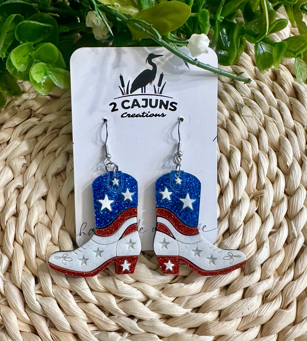 July 4th Independence Day Patriotic Red White and Blue Cowboy Boot Earrings with Stainless Steel Hook