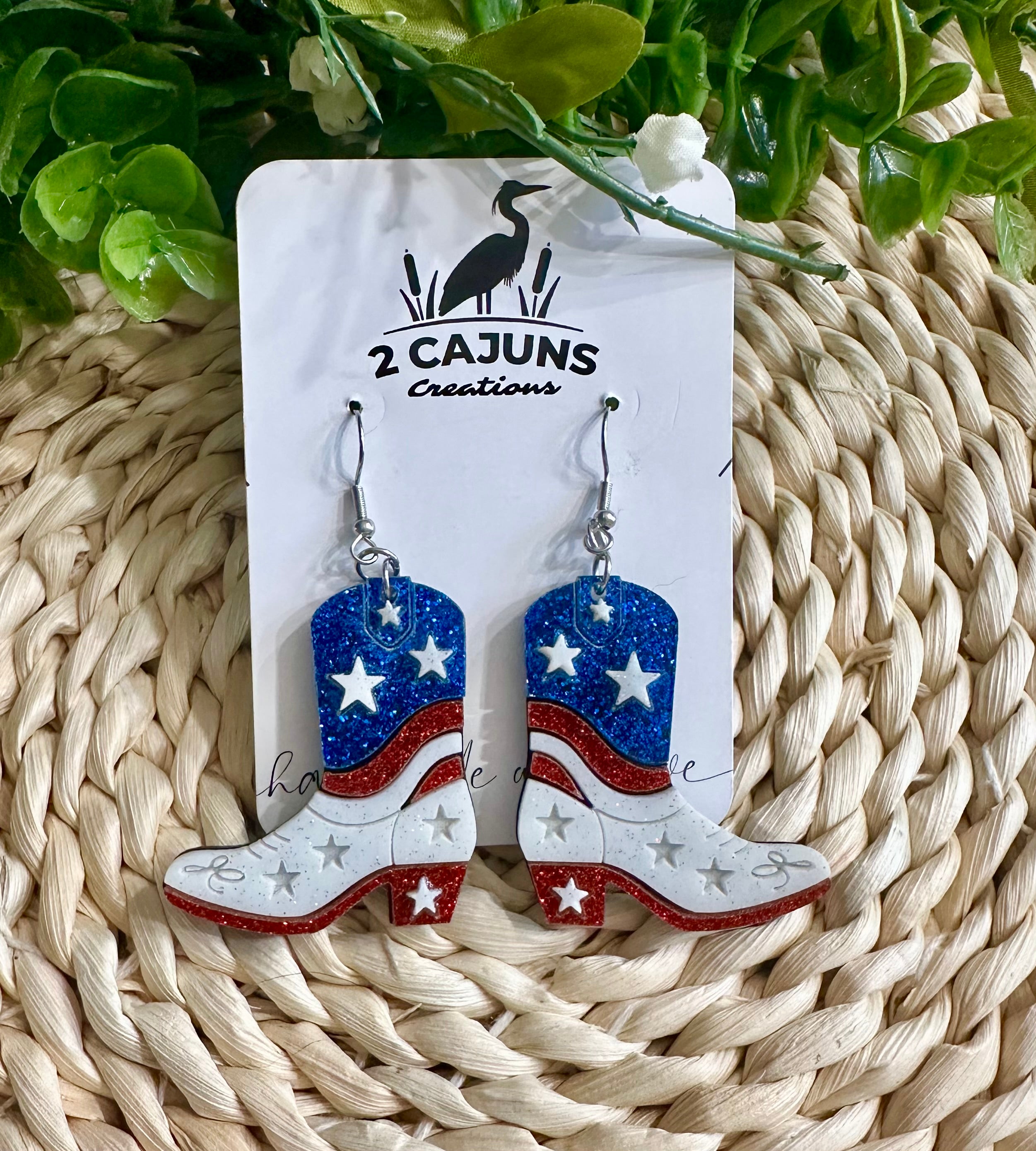 July 4th Independence Day Patriotic Red White and Blue Cowboy Boot Earrings with Stainless Steel Hook