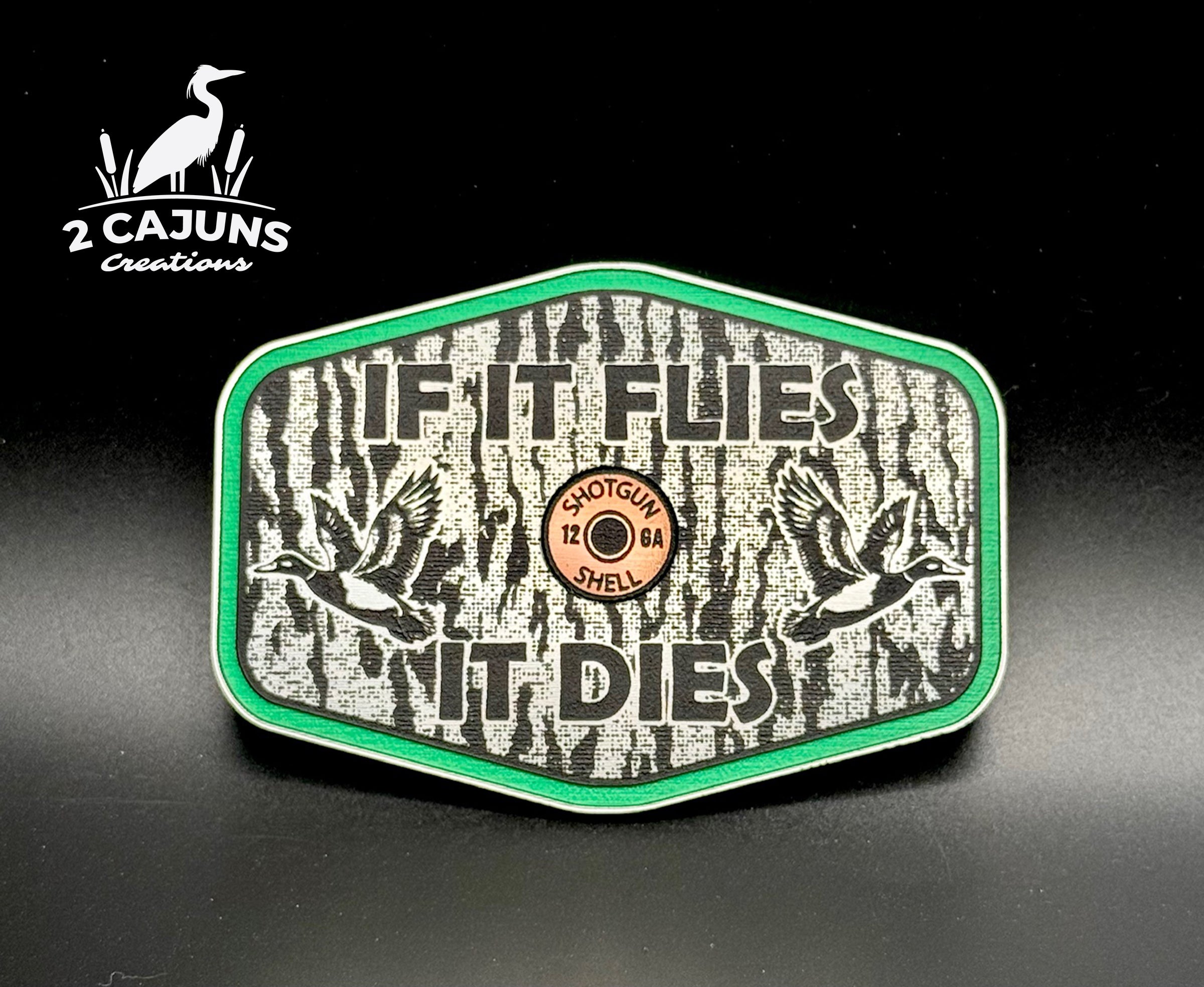 If It Flies Acrylic Hat Patch Tree Bark Design with Copper Acrylic Insert - 2 Pieces - 4 Colors Available