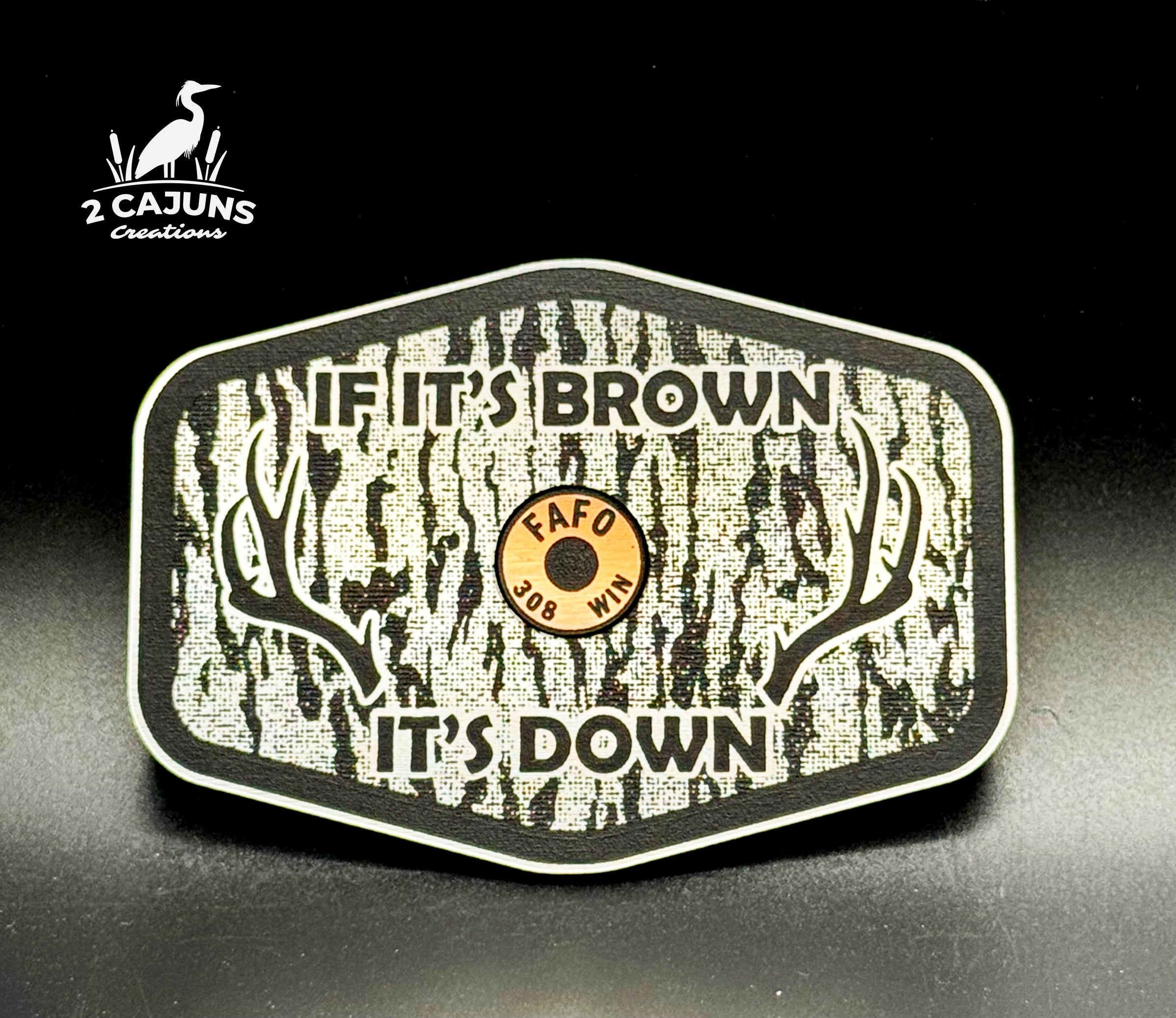 If It's Brown It's Down Acrylic Tree Bark Design Hat Patch with Copper Acrylic Insert FAFO Edition - 2 Pieces - 4 Colors Available