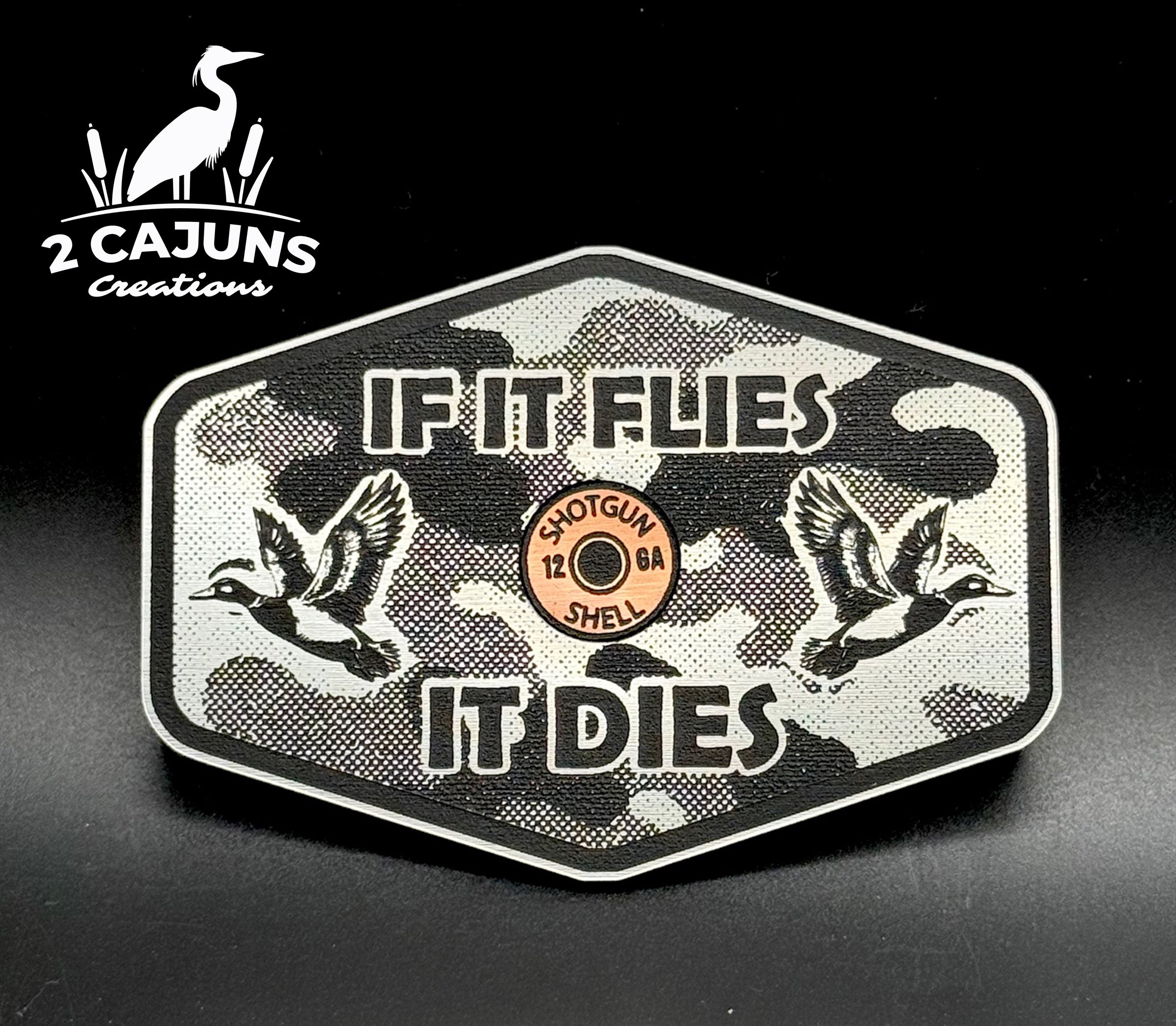 If It Flies Acrylic Hat Patch Linen Camo Design with Copper Acrylic Insert - 2 Pieces - 4 Colors Available