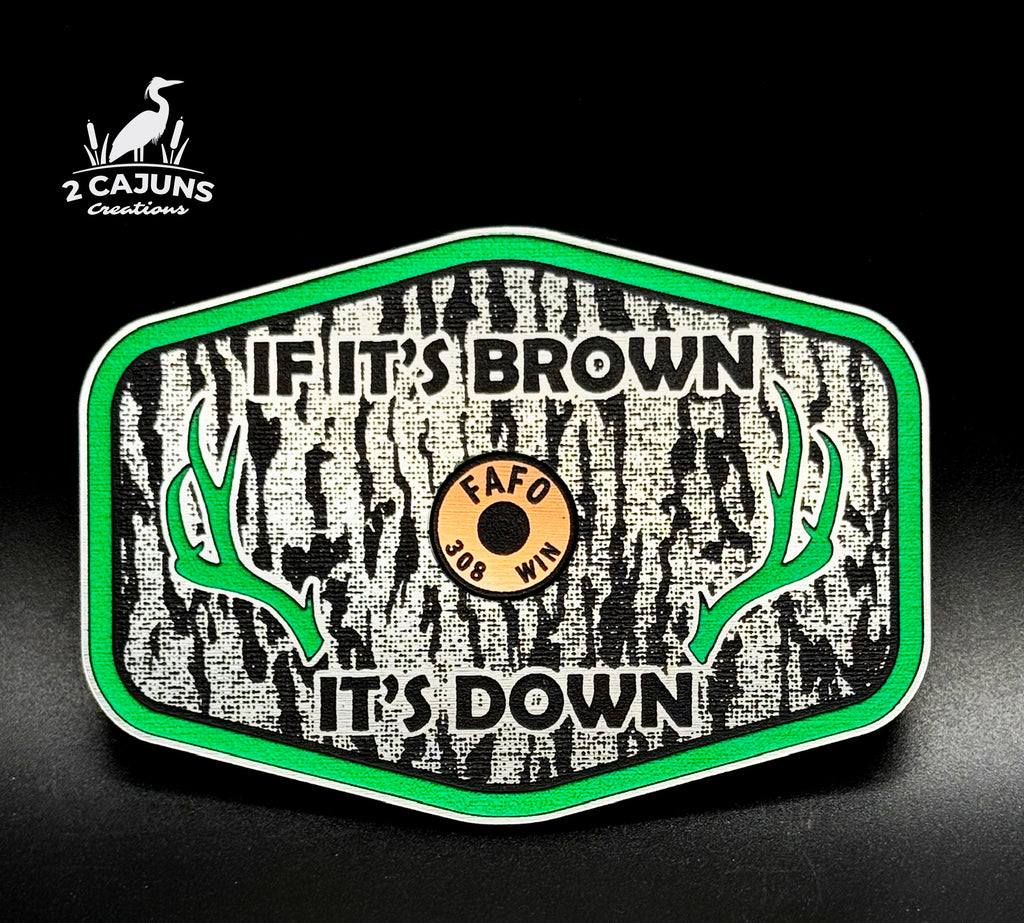 If It's Brown It's Down Acrylic Tree Bark Design Hat Patch with Copper Acrylic Insert FAFO Edition - 2 Pieces - 4 Colors Available
