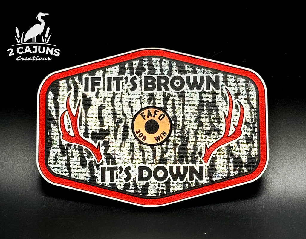 If It's Brown It's Down Acrylic Tree Bark Design Hat Patch with Copper Acrylic Insert FAFO Edition - 2 Pieces - 4 Colors Available