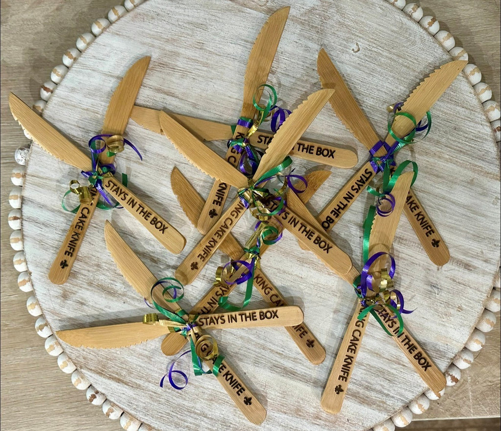 The King Cake Knife Stays in the Box Mardi Gras Bamboo Knife Set