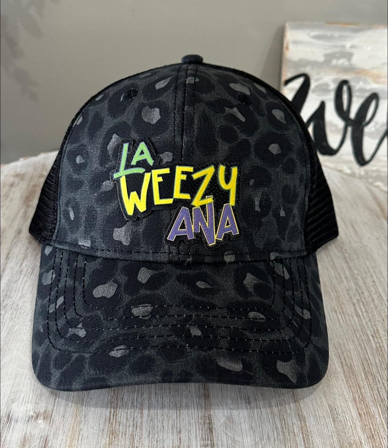 La Weezy Ana Purple Green Gold Leatherette Patch Hat - Black Leopard Print