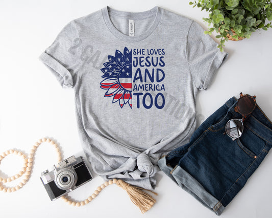 Loves Jesus and America Too Sunflower Tshirt - Patriotic 4th of July Tee