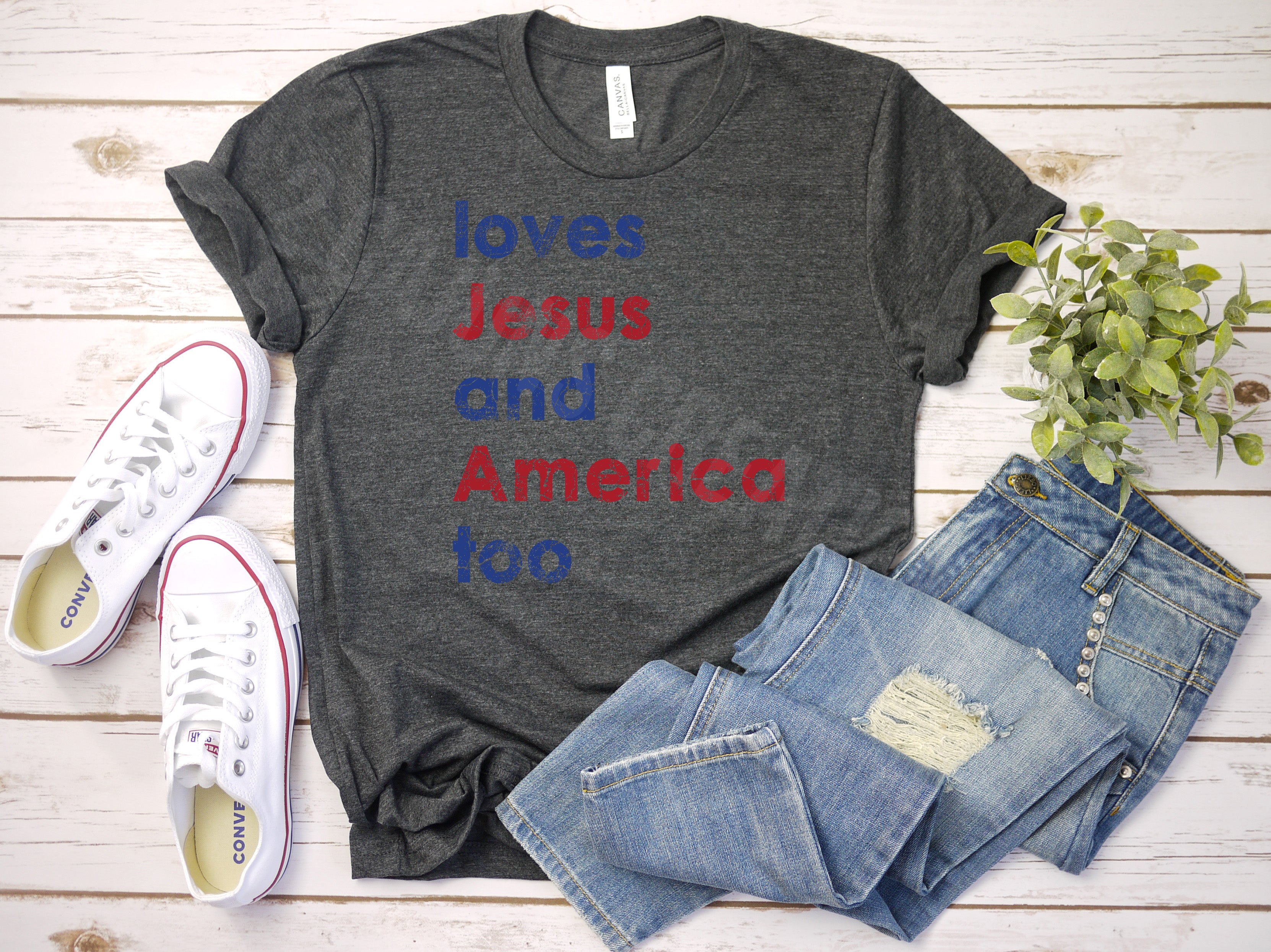 Loves Jesus and America Too Tshirt - Patriotic 4th of July Tee