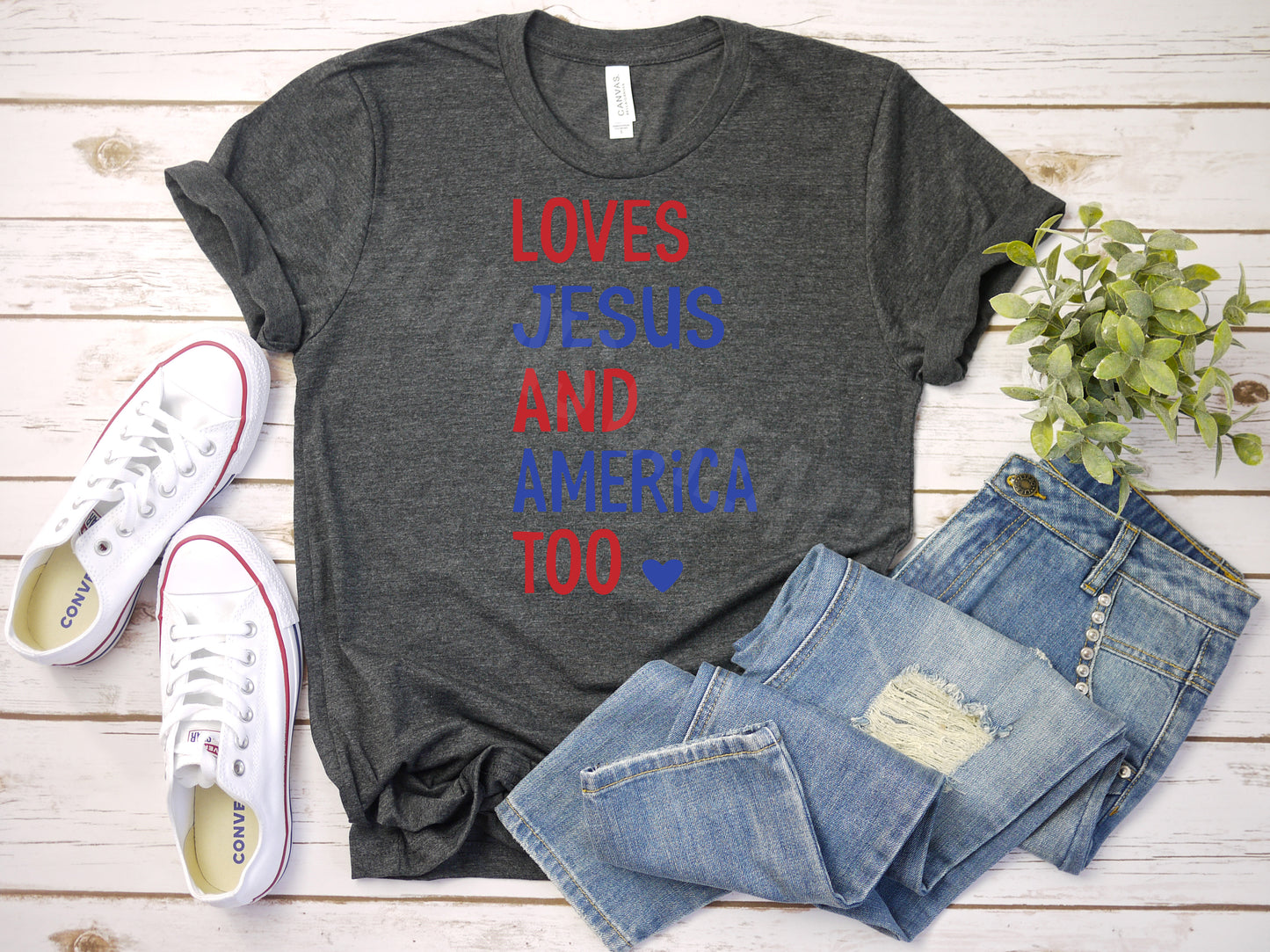 Loves Jesus and America Too Heart Tshirt - Patriotic 4th of July Tee