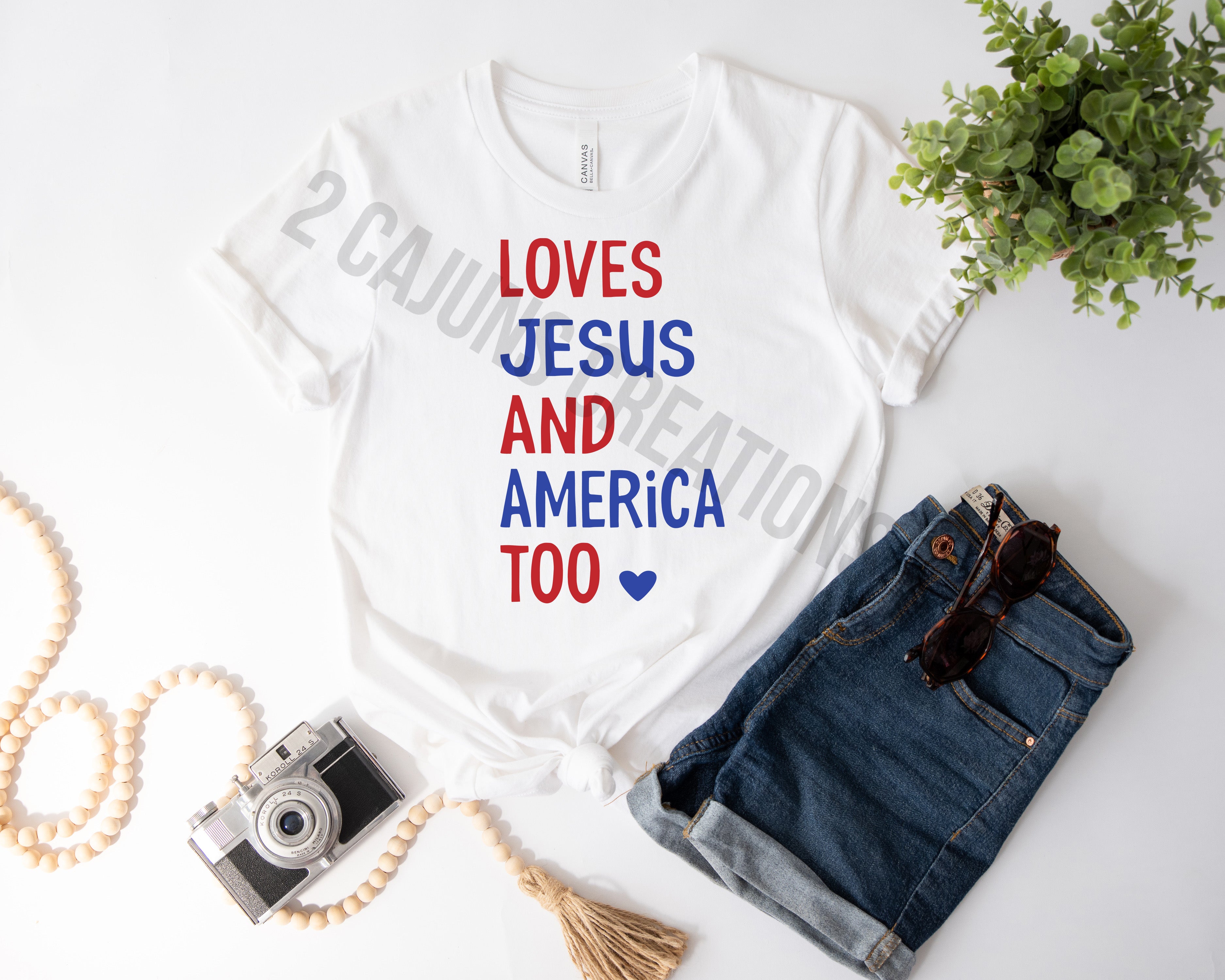 Loves Jesus and America Too Heart Tshirt - Patriotic 4th of July Tee