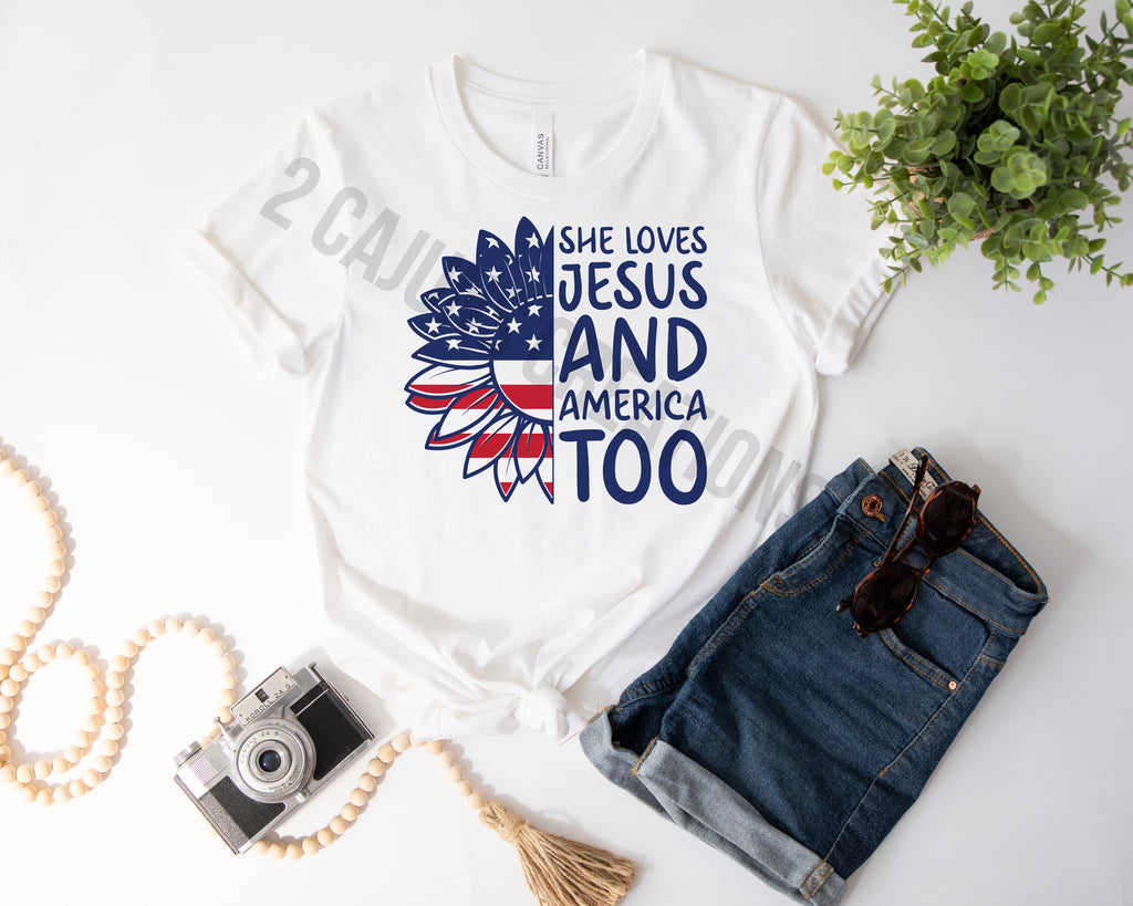 Loves Jesus and America Too Sunflower Tshirt - Patriotic 4th of July Tee