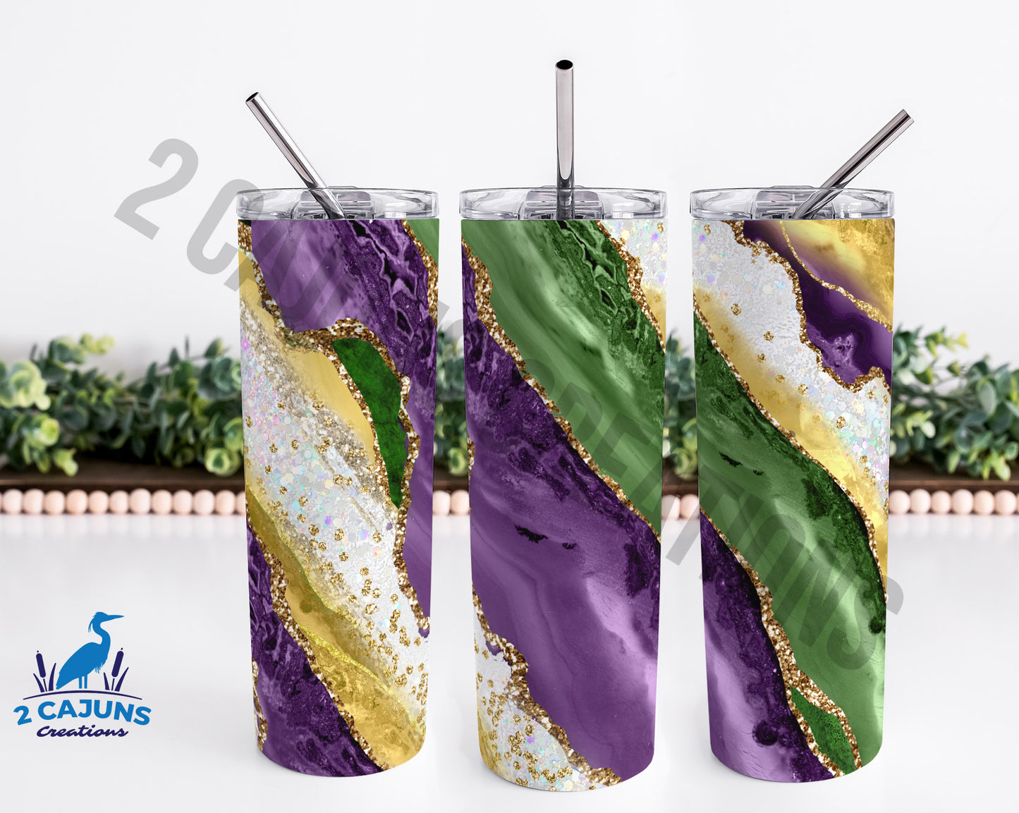 Mardi Gras Marble Purple Gold Green Marble Skinny Tumbler - Personalized