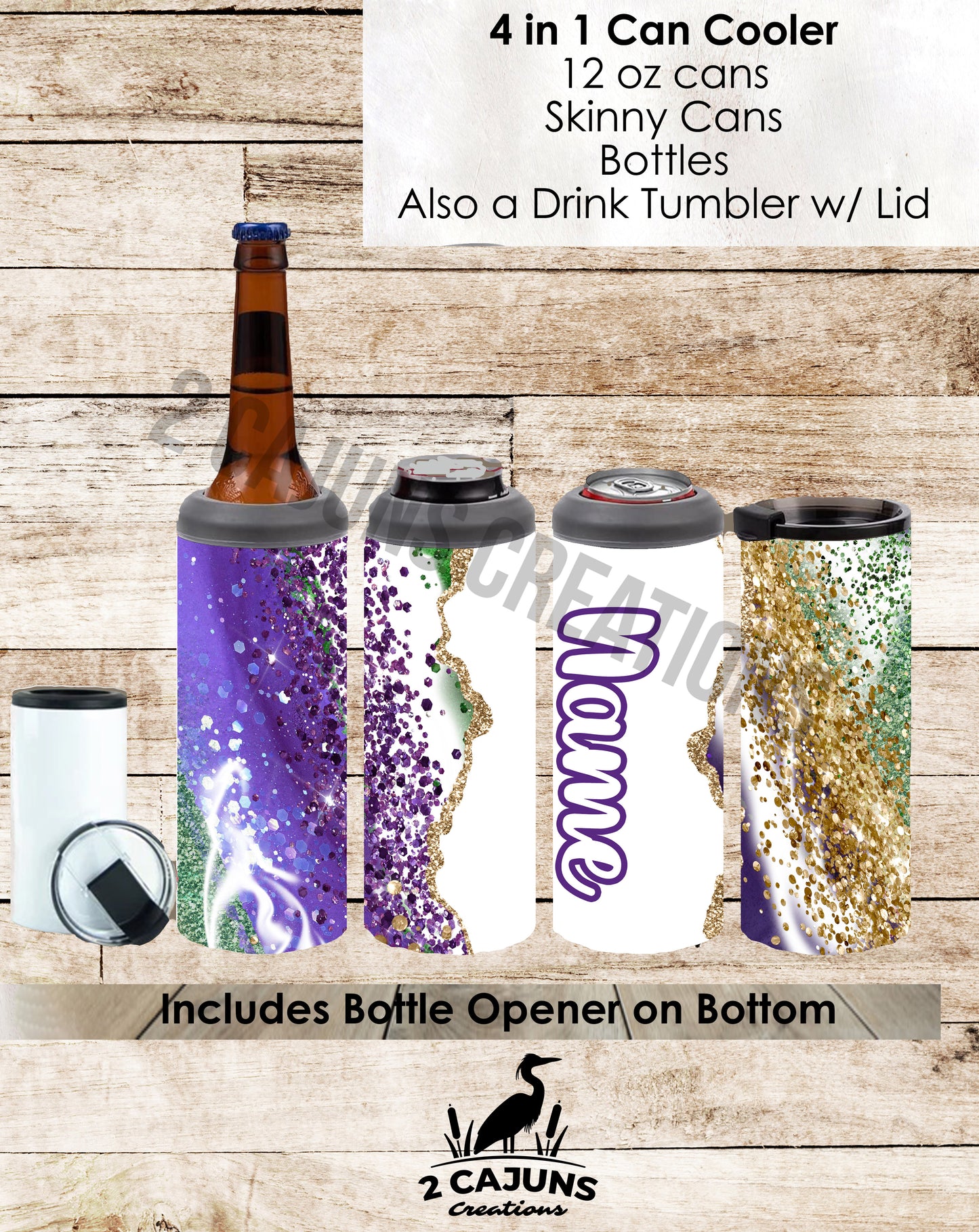 Mardi Gras Personalized 4 in 1 Can Cooler - Stainless Steel Double Wall Insulated - Holds Regular or Skinny Cans and Bottles