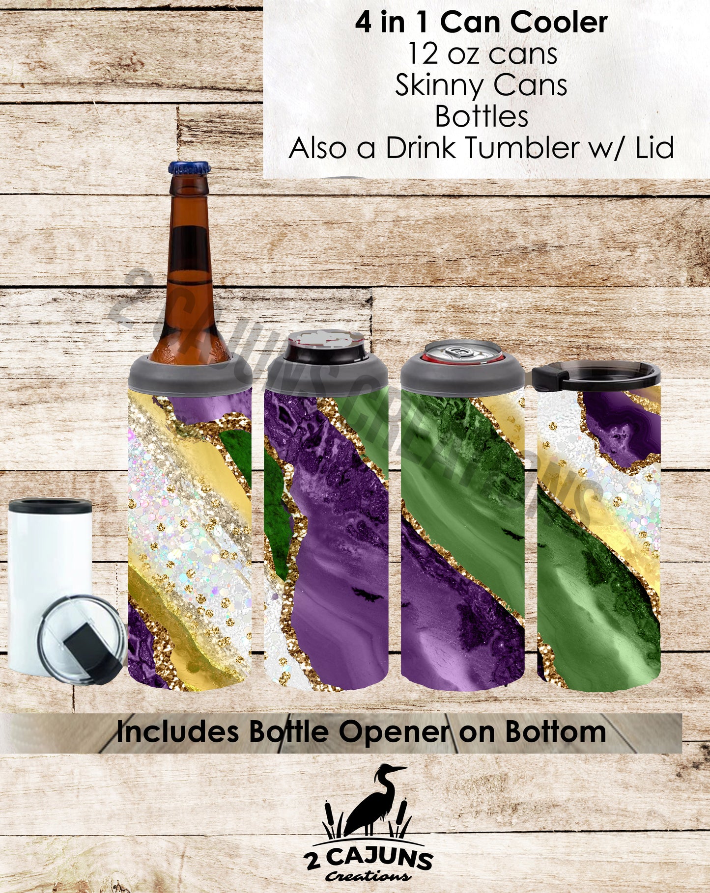 Mardi Gras Marble 4 in 1 Can Cooler - Stainless Steel Double Wall Insulated - Holds Regular or Skinny Cans and Bottles