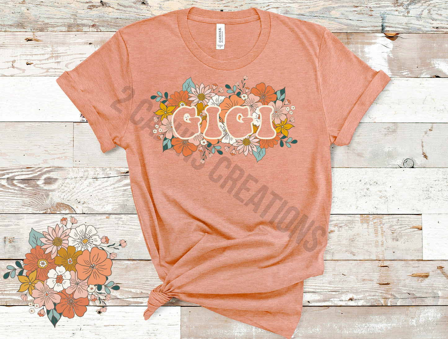 Gigi Floral Retro Tshirt - Mothers Day Tee - Heather Peach Color