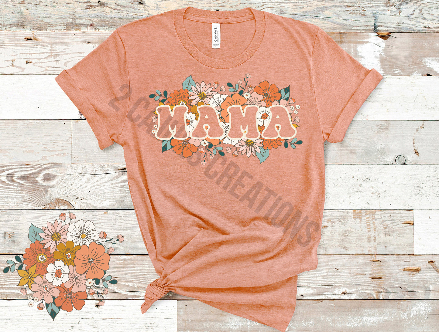 Mama Floral Retro Tshirt - Mothers Day Tee - Heather Peach Color