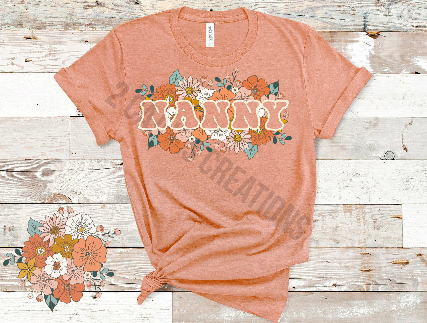 Nanny Floral Retro Tshirt - Mothers Day Tee - Heather Peach Color