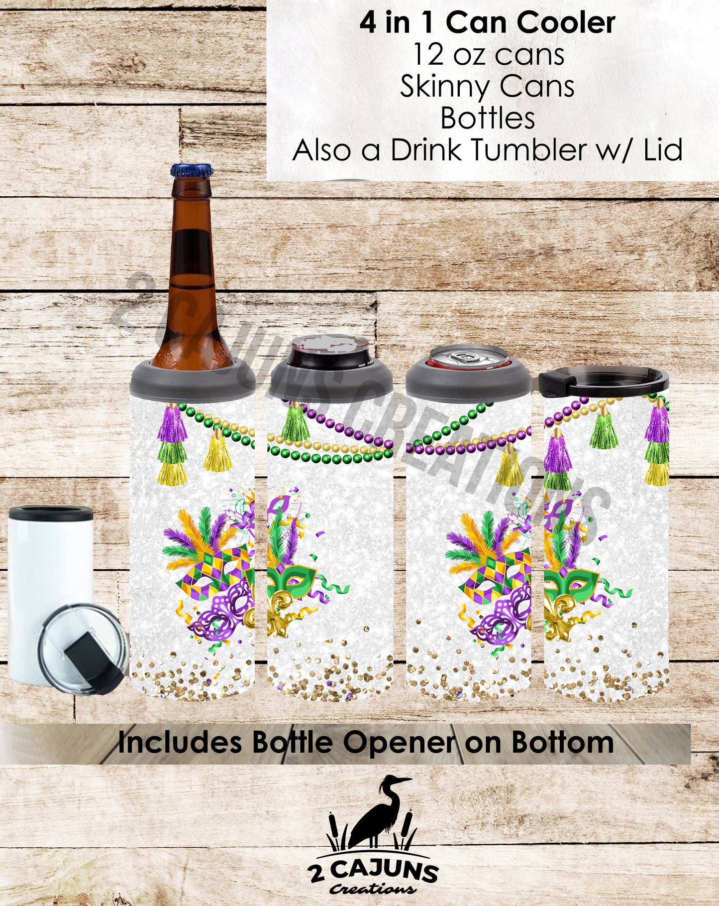 Mardi Gras Beads & Mask 4 in 1 Can Cooler - Stainless Steel Double Wall Insulated - Holds Regular or Skinny Cans and Bottles