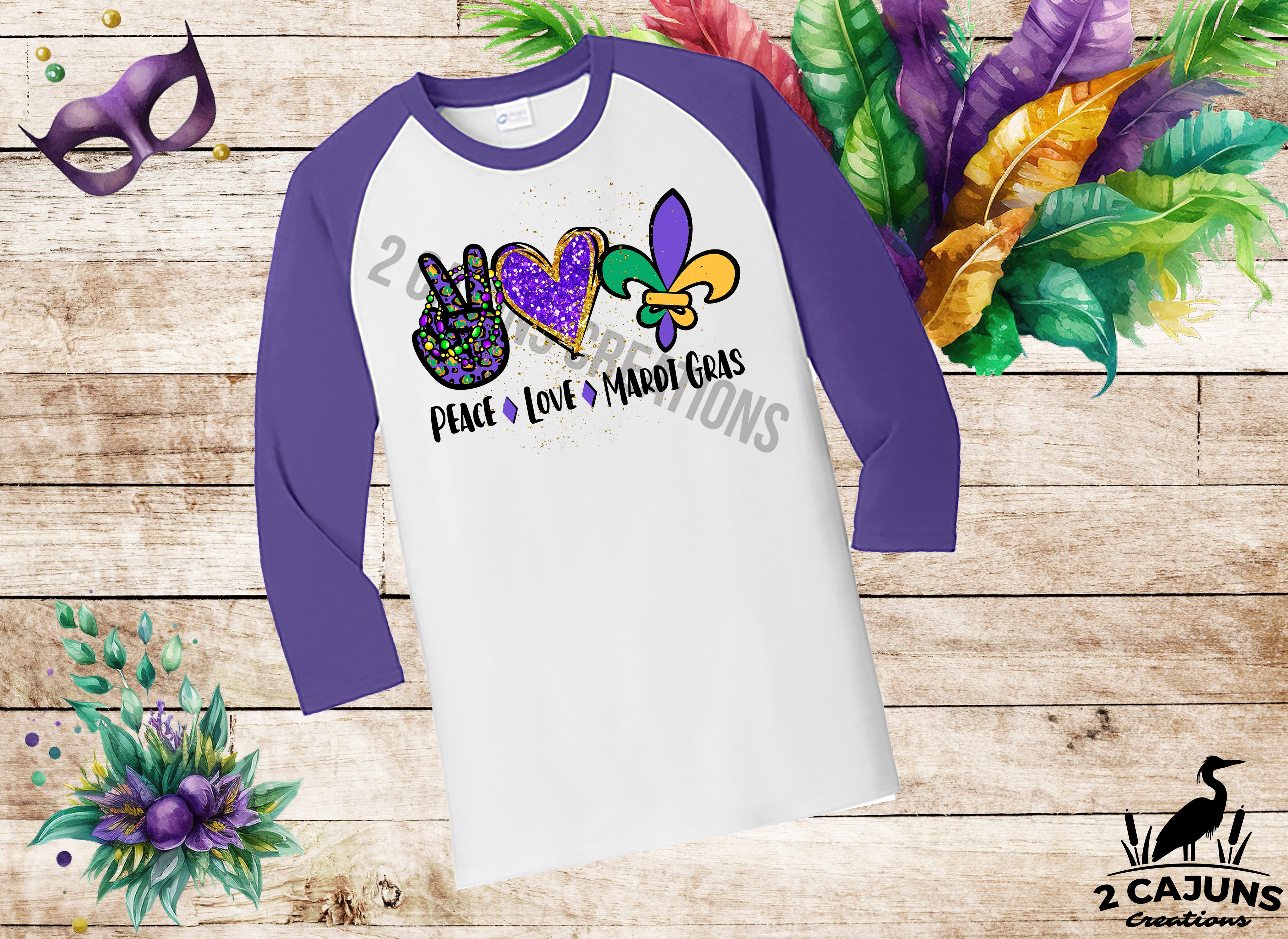 Peace Love and Mardi Gras 3/4 Sleeve Raglan - Baseball Shirt