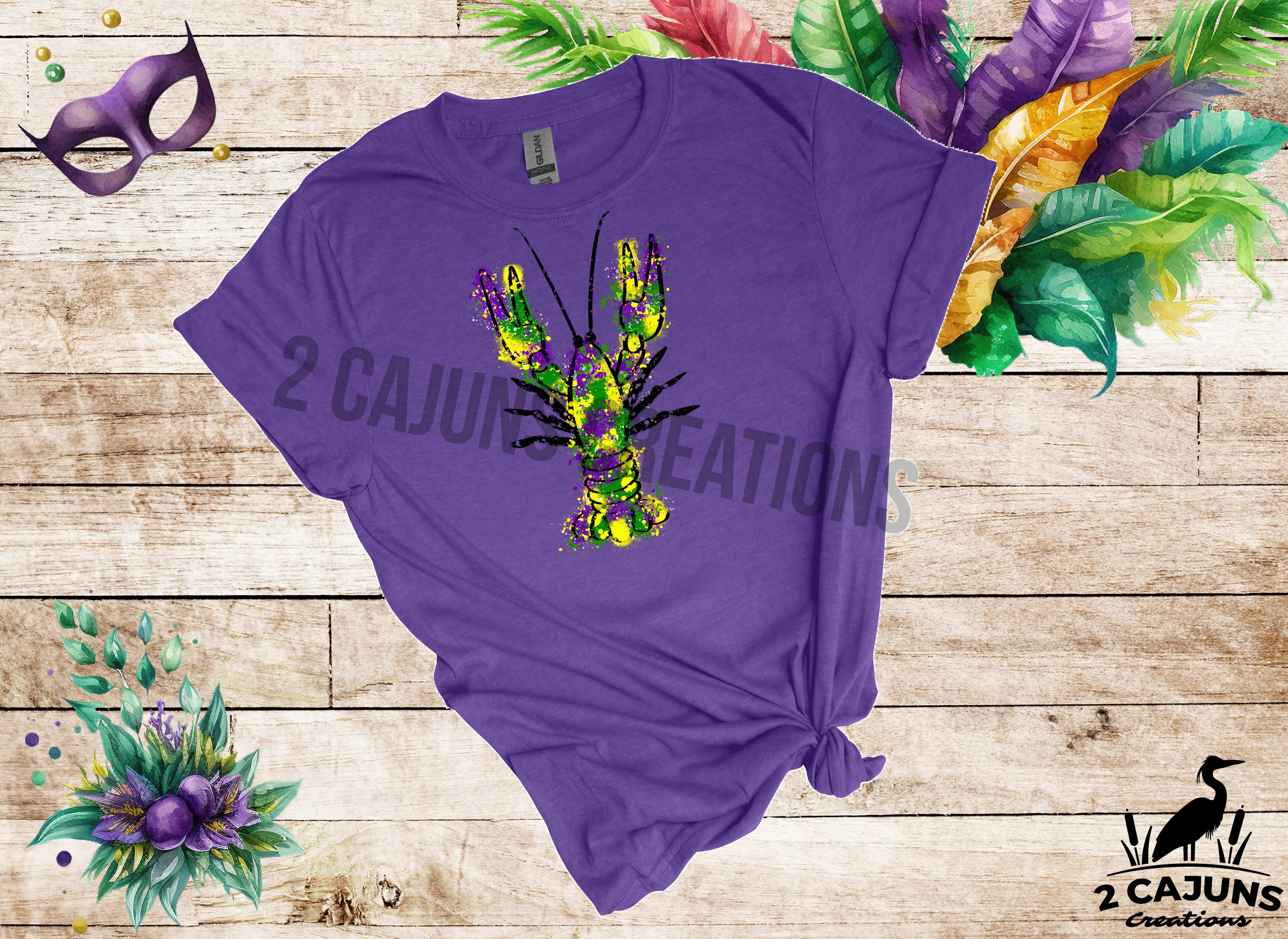 Mardi Gras Watercolor Crawfish Tshirt - Multiple Colors Available