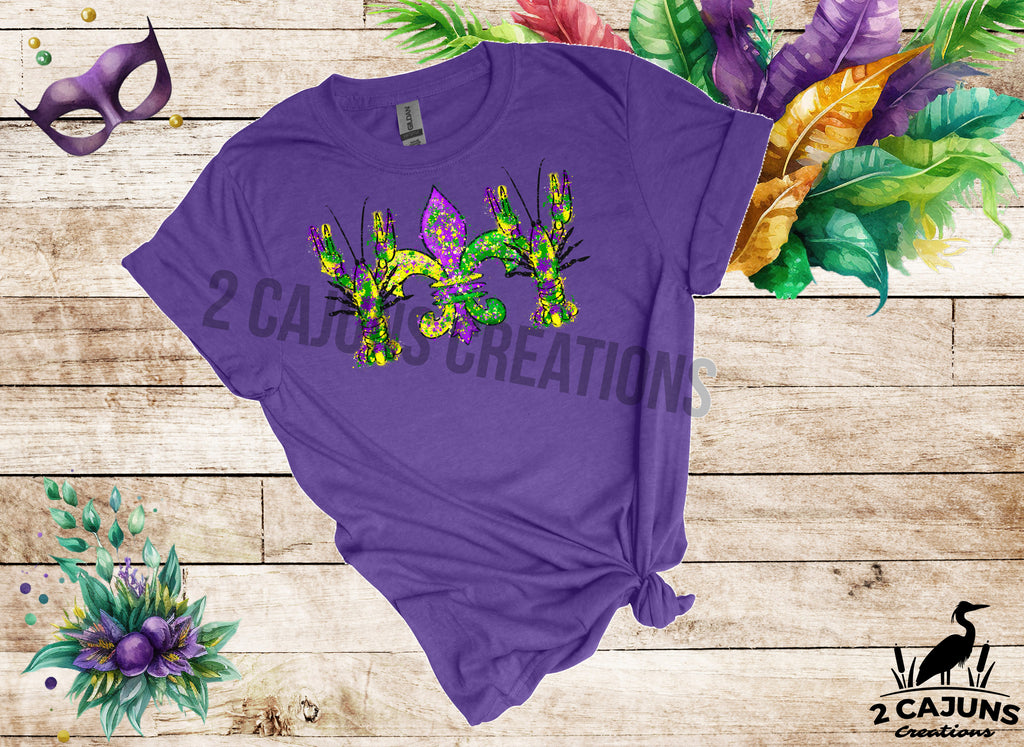 Mardi Gras Watercolor Crawfish and Fleur de Lis Tshirt - Multiple Colors Available