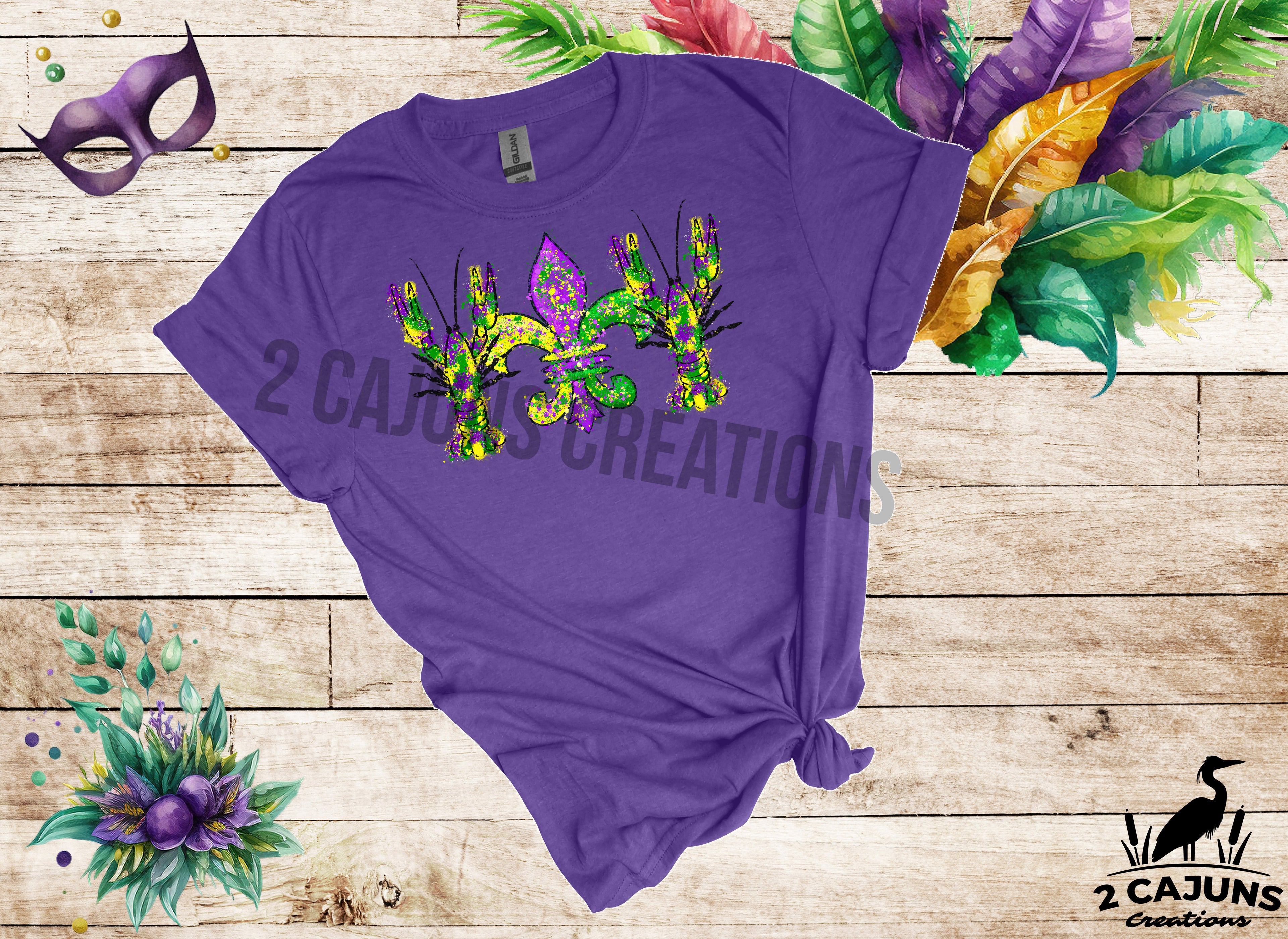 Mardi Gras Watercolor Crawfish and Fleur de Lis Tshirt - Multiple Colors Available