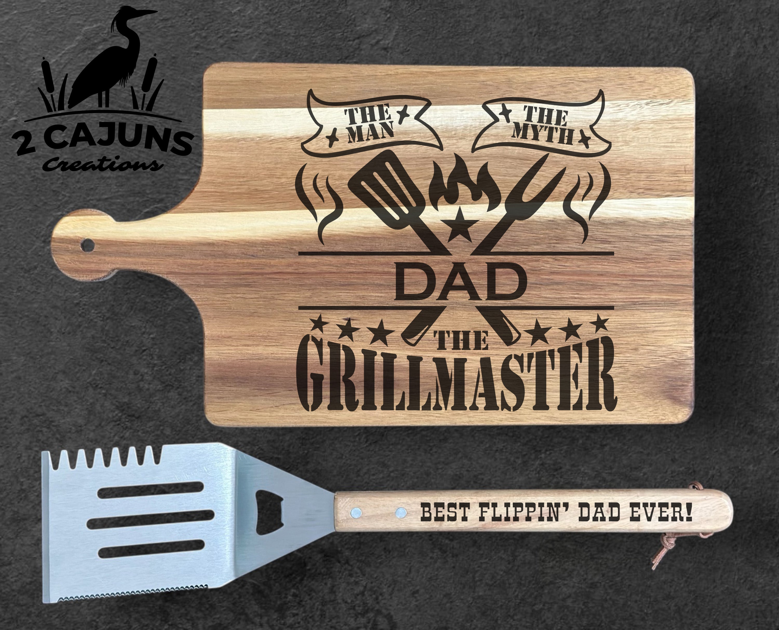 The Man the Myth the GrillMaster Cutting Board with Best Flippin' Dad Ever Spatula - Father's Day Gift - Gifts for Him