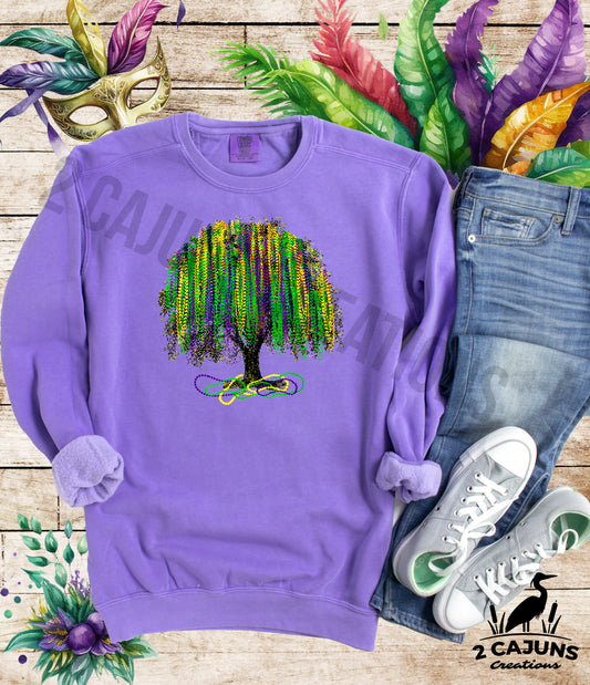 Mardi Gras Bead Tree Sweatshirt - Fleece Lined - Heavyweight - Beads - Garment Dyed Vintage Look - 2 Colors Available