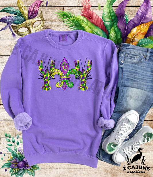 Mardi Gras Crawfish & Fleur de Lis Sweatshirt - Fleece Lined - Heavyweight - Purple Gold Green - Garment Dyed Vintage Look - 2 Colors