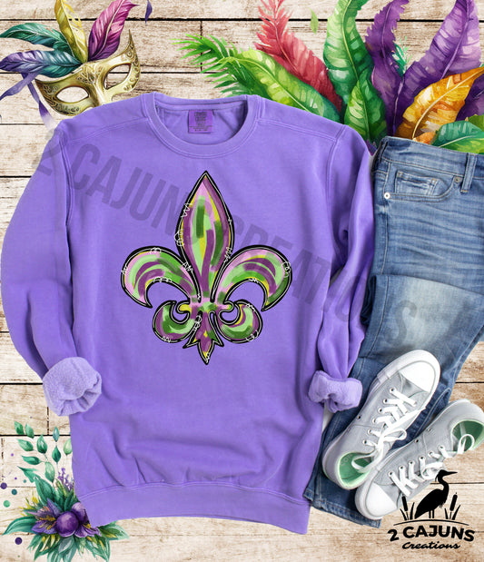 Mardi Gras Watercolor Fleur de Lis Sweatshirt - Fleece Lined- Garment Dyed - 2 Colors Available