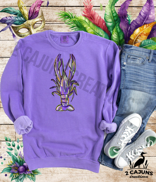 Mardi Gras Watercolor Crawfish Sweatshirt - Fleece Lined - Heavyweight - Purple Gold Green - Garment Dyed Vintage Look - 2 Colors Available