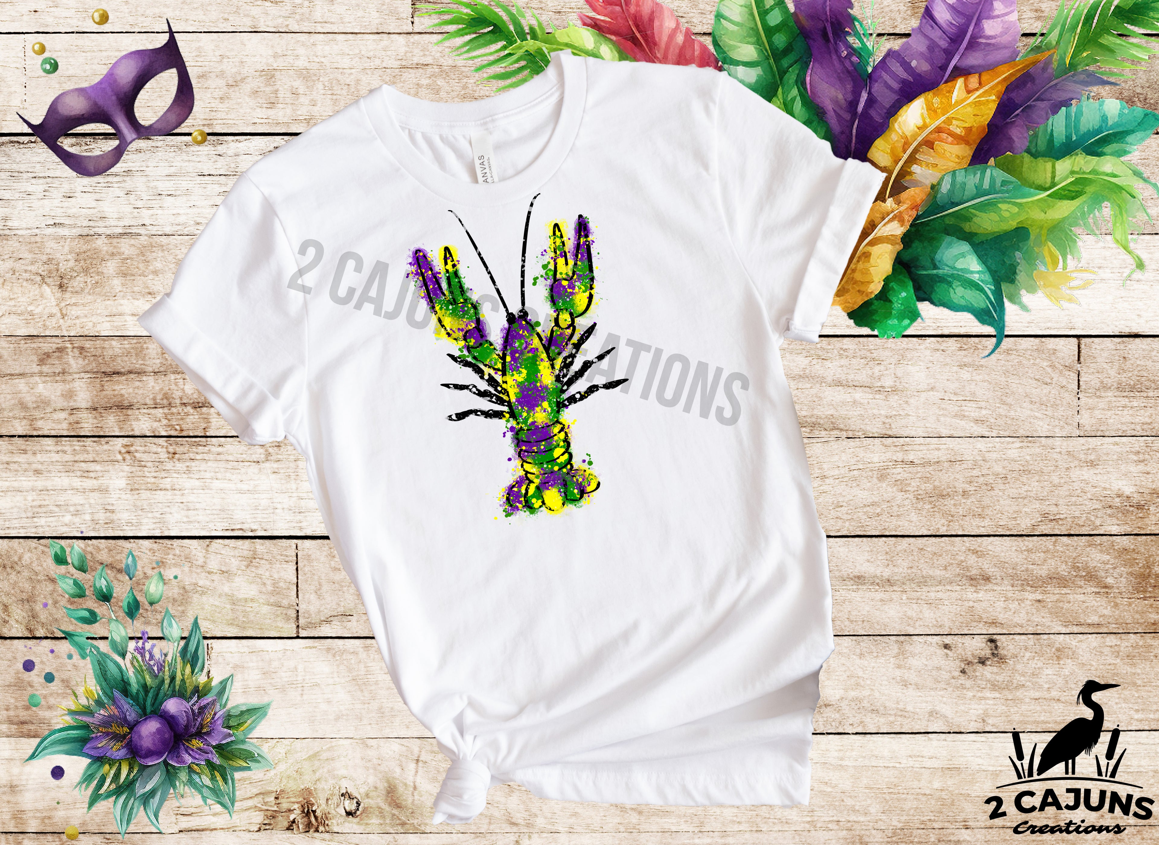 Mardi Gras Watercolor Crawfish Tshirt - Multiple Colors Available
