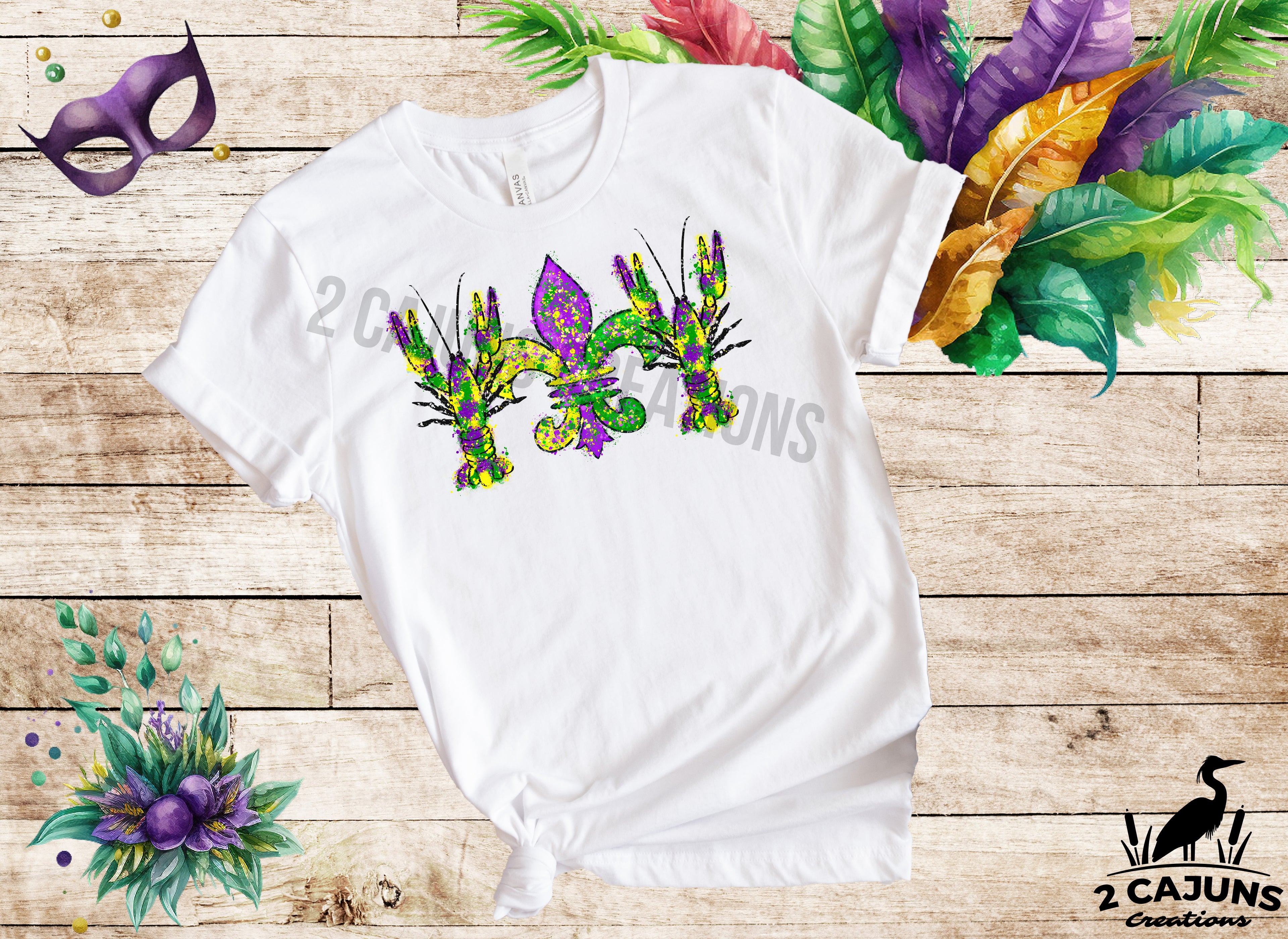 Mardi Gras Watercolor Crawfish and Fleur de Lis Tshirt - Multiple Colors Available