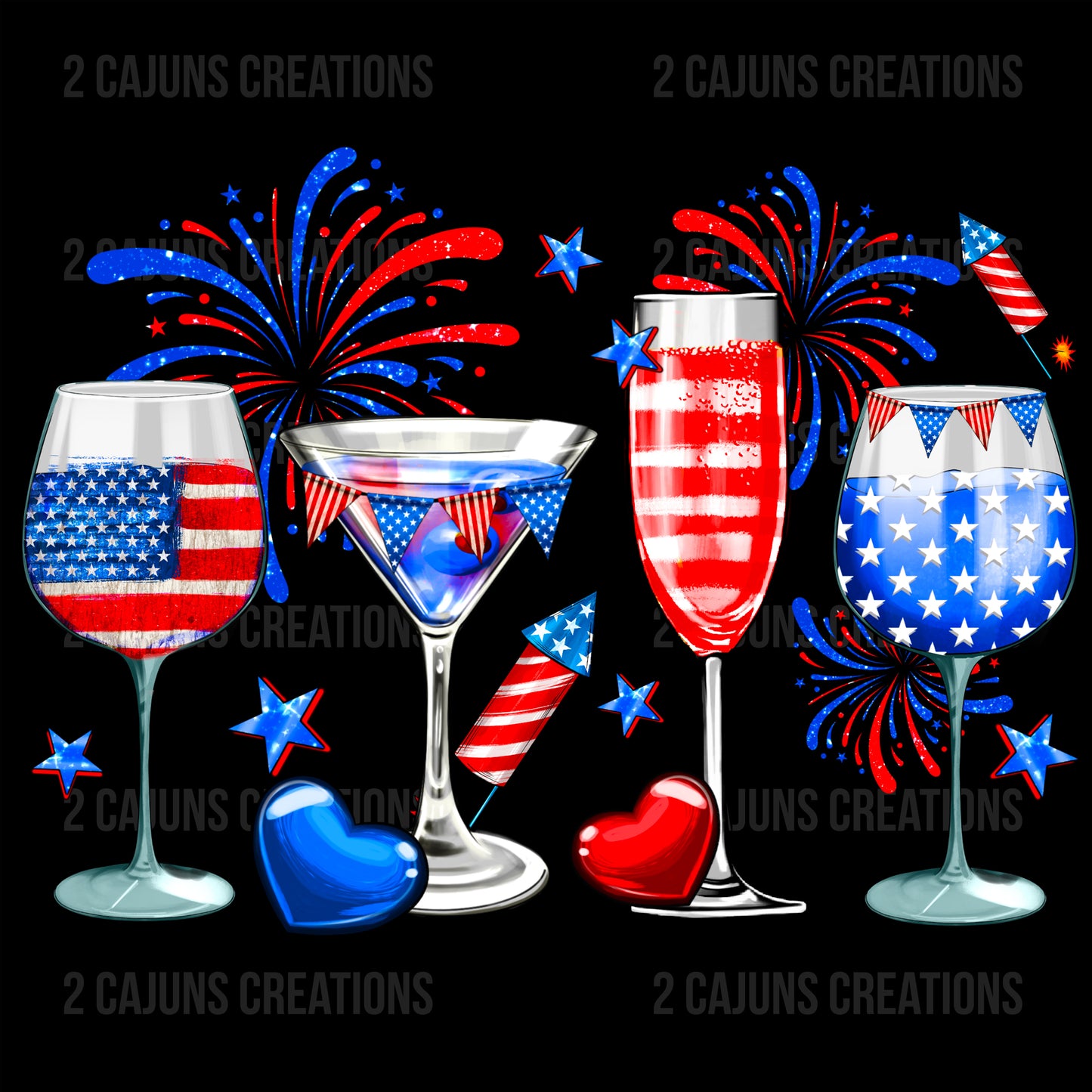 Wine, Martini & Champagne Glasses - July 4th - Independence Day - DTF Transfer