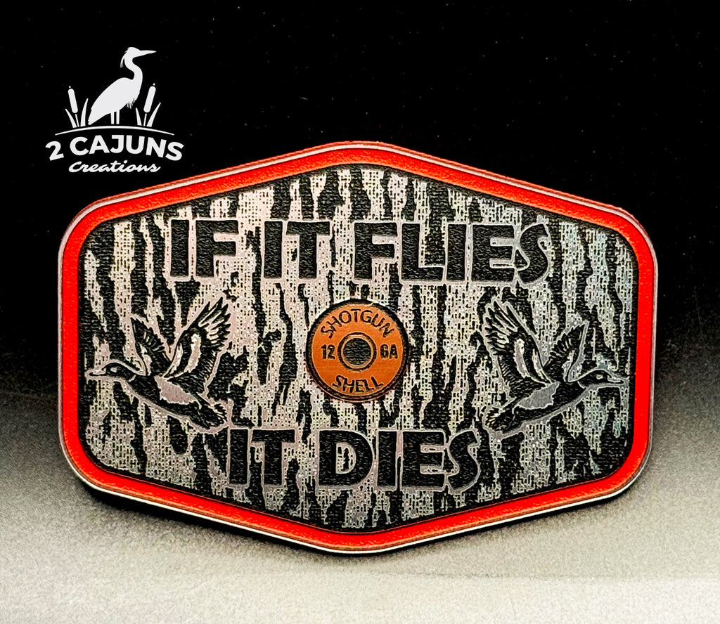 If It Flies Acrylic Hat Patch Tree Bark Design with Copper Acrylic Insert - 2 Pieces - 4 Colors Available