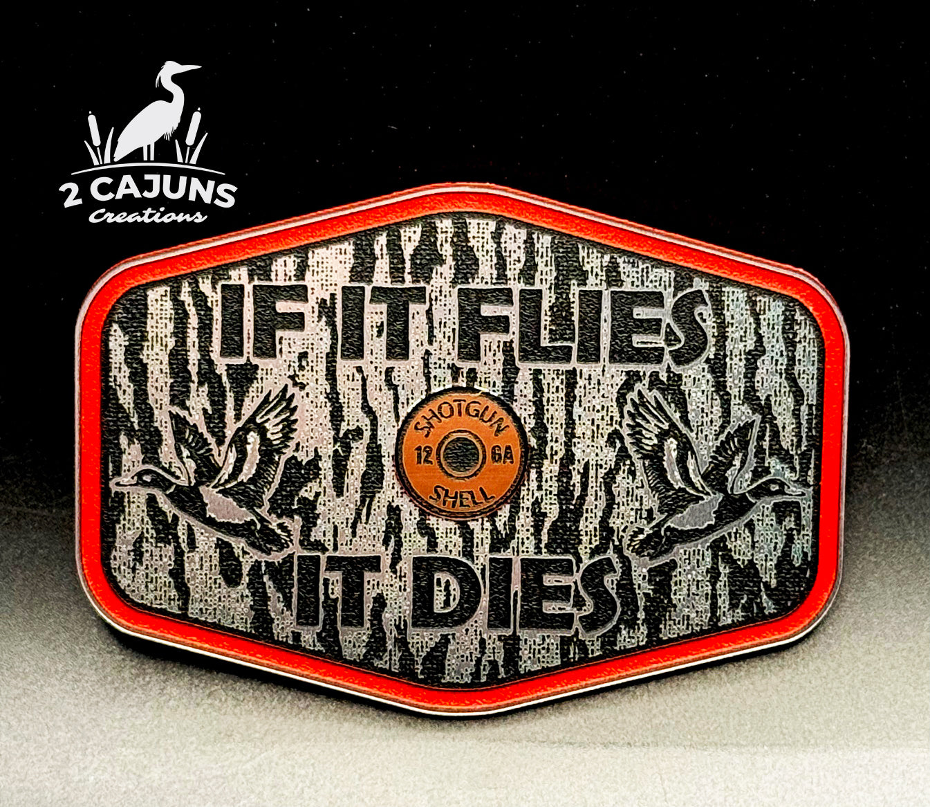 If It Flies Acrylic Hat Patch Tree Bark Design with Copper Acrylic Insert - 2 Pieces - 4 Colors Available