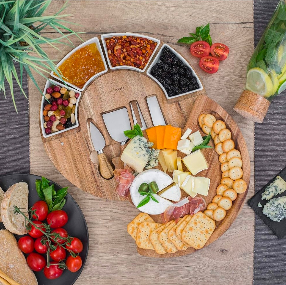 Personalized Charcuterie Cheese Board with Slide out Drawer Containing 4 Knives - 13" Wide