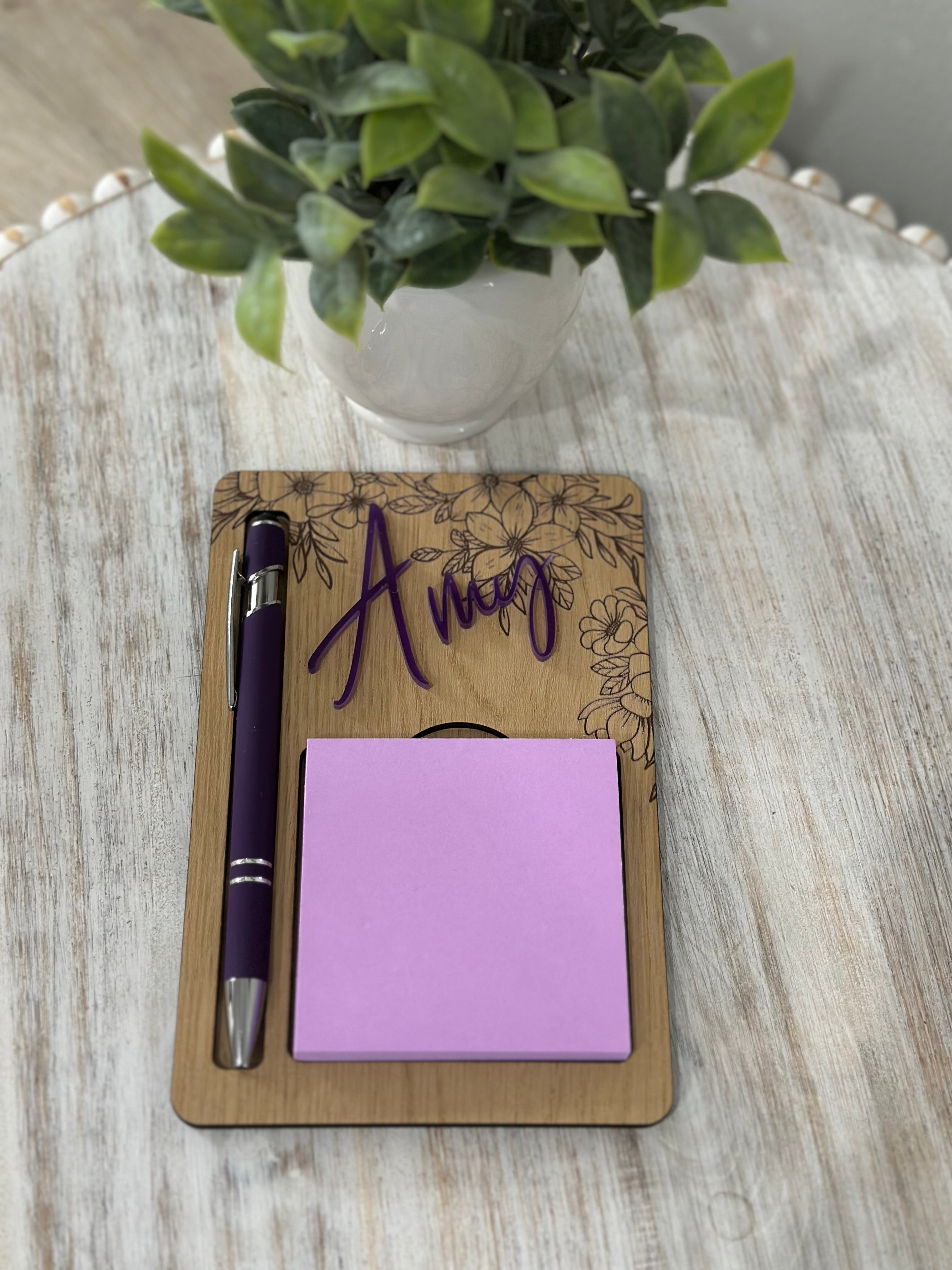 Personalized Sticky Note Holder with Stylus Pen and Note Pad - Laser Engraved - 3 Designs to Choose From and Multiple Colors for Name
