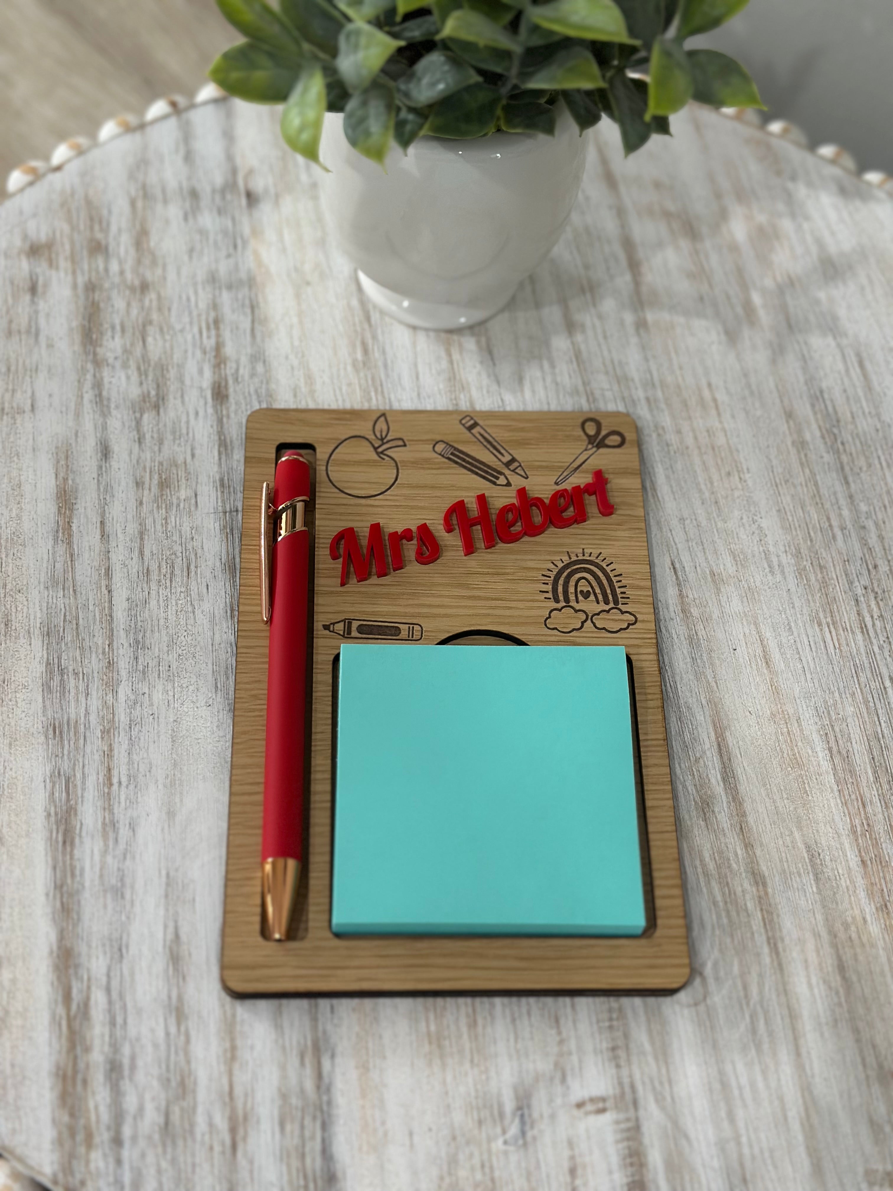 Personalized Sticky Note Holder with Stylus Pen and Note Pad - Laser Engraved - 3 Designs to Choose From and Multiple Colors for Name
