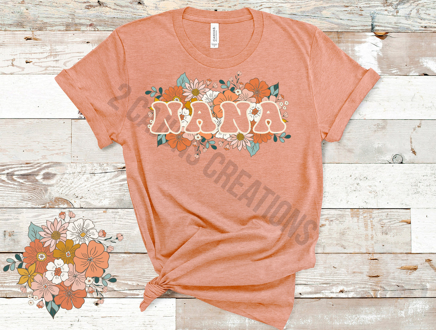 Nana Floral Retro Tshirt - Mothers Day Tee - Heather Peach Color