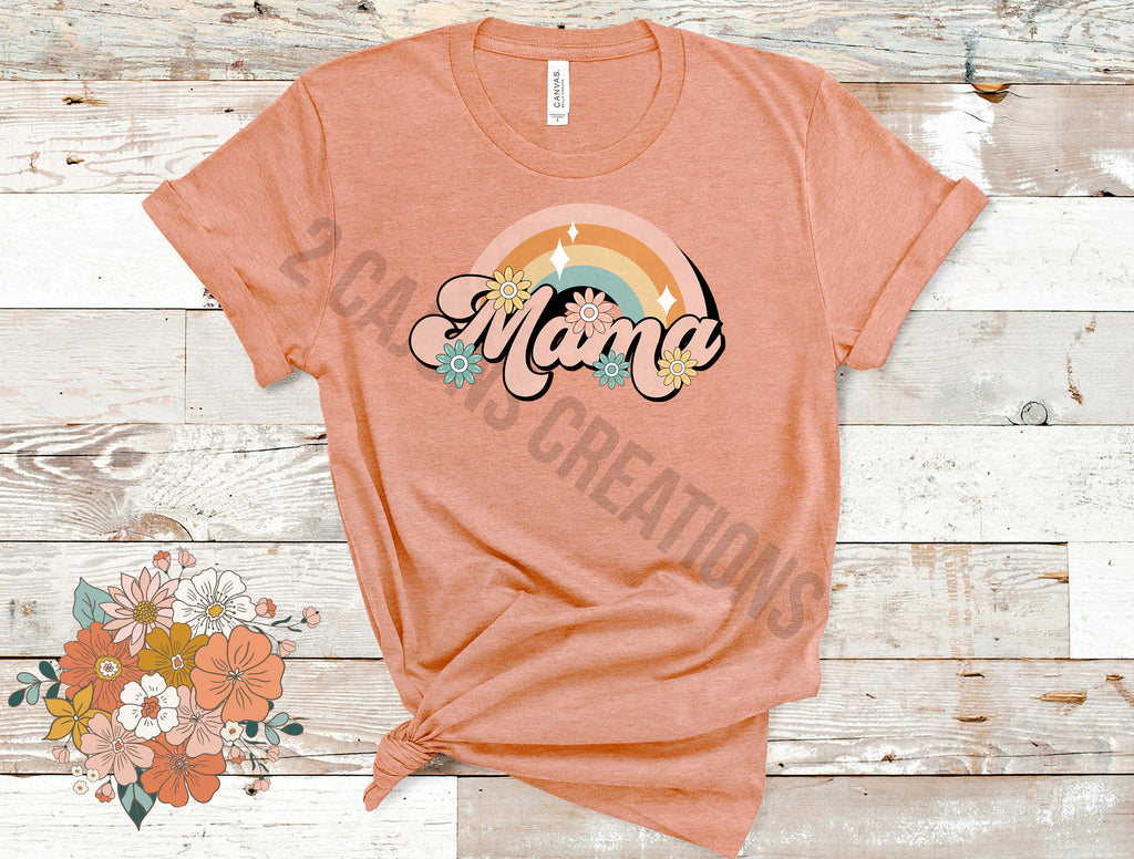 Mama Retro Rainbow Tshirt - Mothers Day Tee - Heather Peach Color