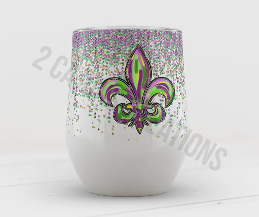 Mardi Gras Wine Tumbler with Fleur de Lis - Stainless Steel - Double Wall Insulated